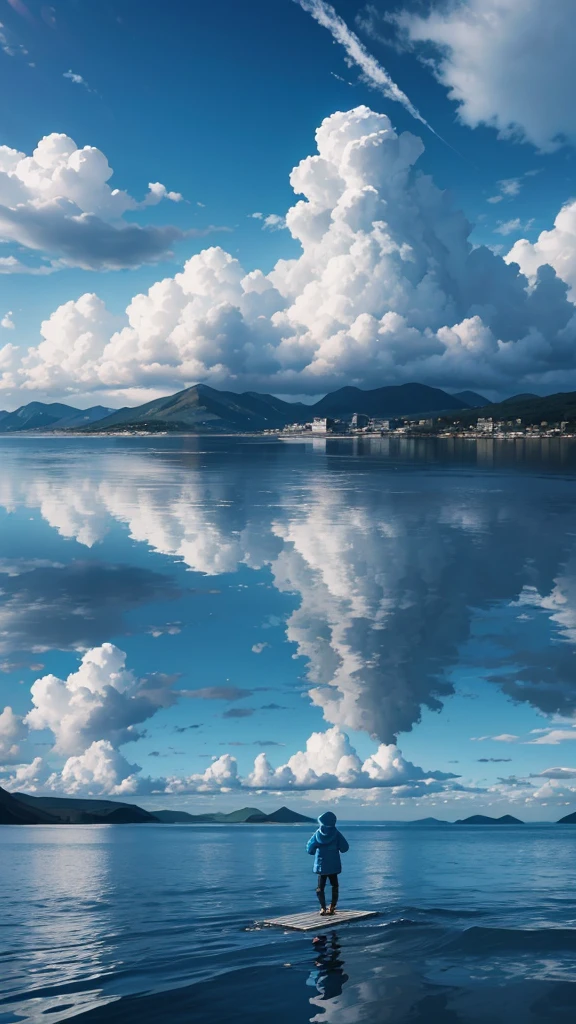“A boy in a hooded parka walking on water with his back turned to the viewer, set against a bright blue sky with towering cumulonimbus clouds. The sky and clouds are reflected on the water’s surface. The boy appears small, with the focus on the expansive and fantastical landscape, reminiscent of a cinematic scene, rendered in high detail.”
