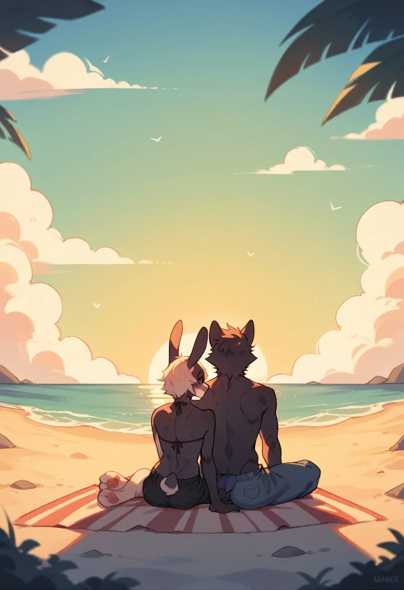 Create the silhouette of a couple of anthropomorphic animals, a man rabbit and a man wolf, back sitting on the beach sand watching the sunset