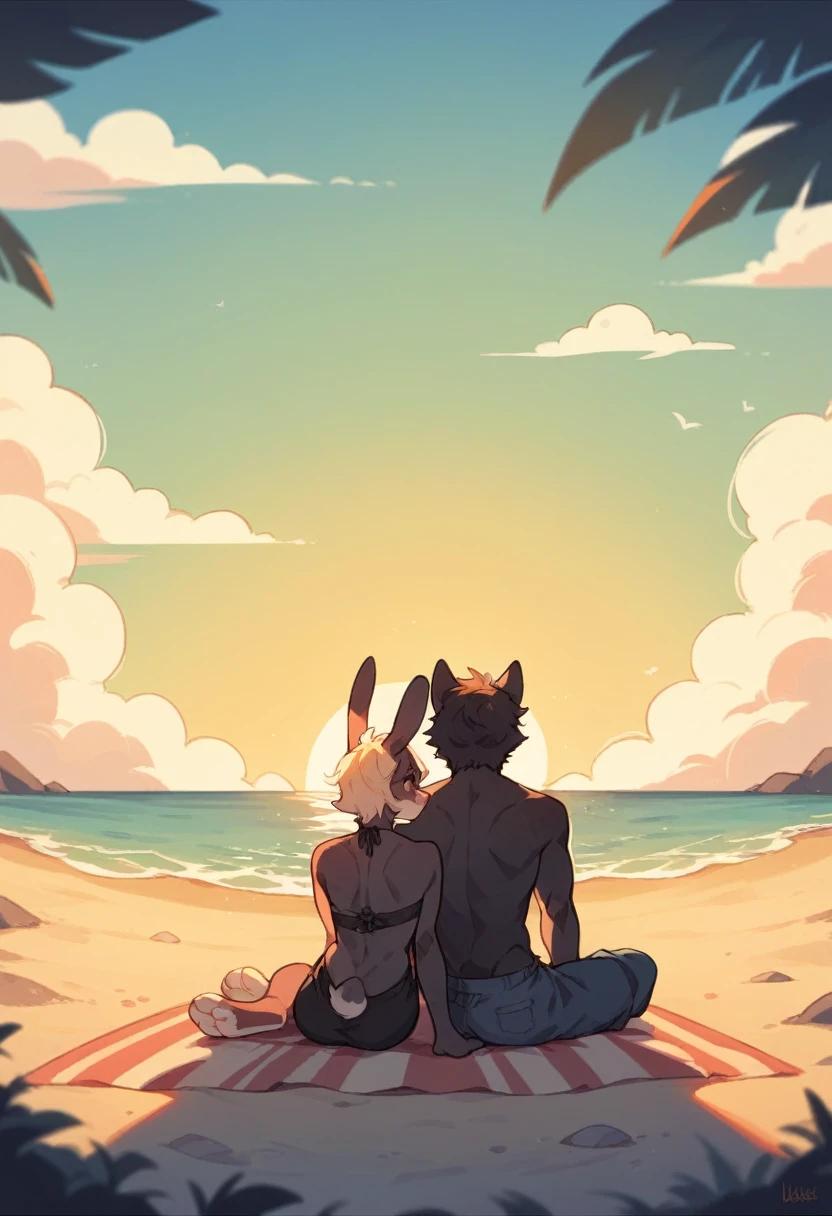 Create the silhouette of a couple of anthropomorphic animals, a man rabbit and a man wolf, back sitting on the beach sand watching the sunset