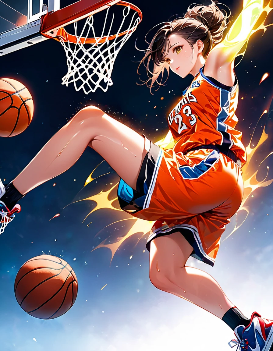 Young and beautiful woman,(Highest quality,Extremely detailed depiction,Incredible high resolution,Anatomically accurate depiction,software),(Glowing Skin,Glowing Skin,Sweat),basketballの選手,basketballのユニフォーム,basketball,Awesome dunk shot,Winning goal,background:basketballの試合中,From directly below:1.3