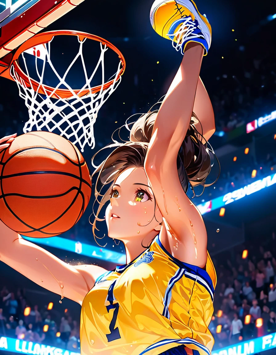 Young and beautiful woman,(Highest quality,Extremely detailed depiction,Incredible high resolution,Anatomically accurate depiction,software),(Glowing Skin,Glowing Skin,Sweat),basketballの選手,basketballのユニフォーム,basketball,Awesome dunk shot,Winning goal,background:basketballの試合中,From directly below:1.3