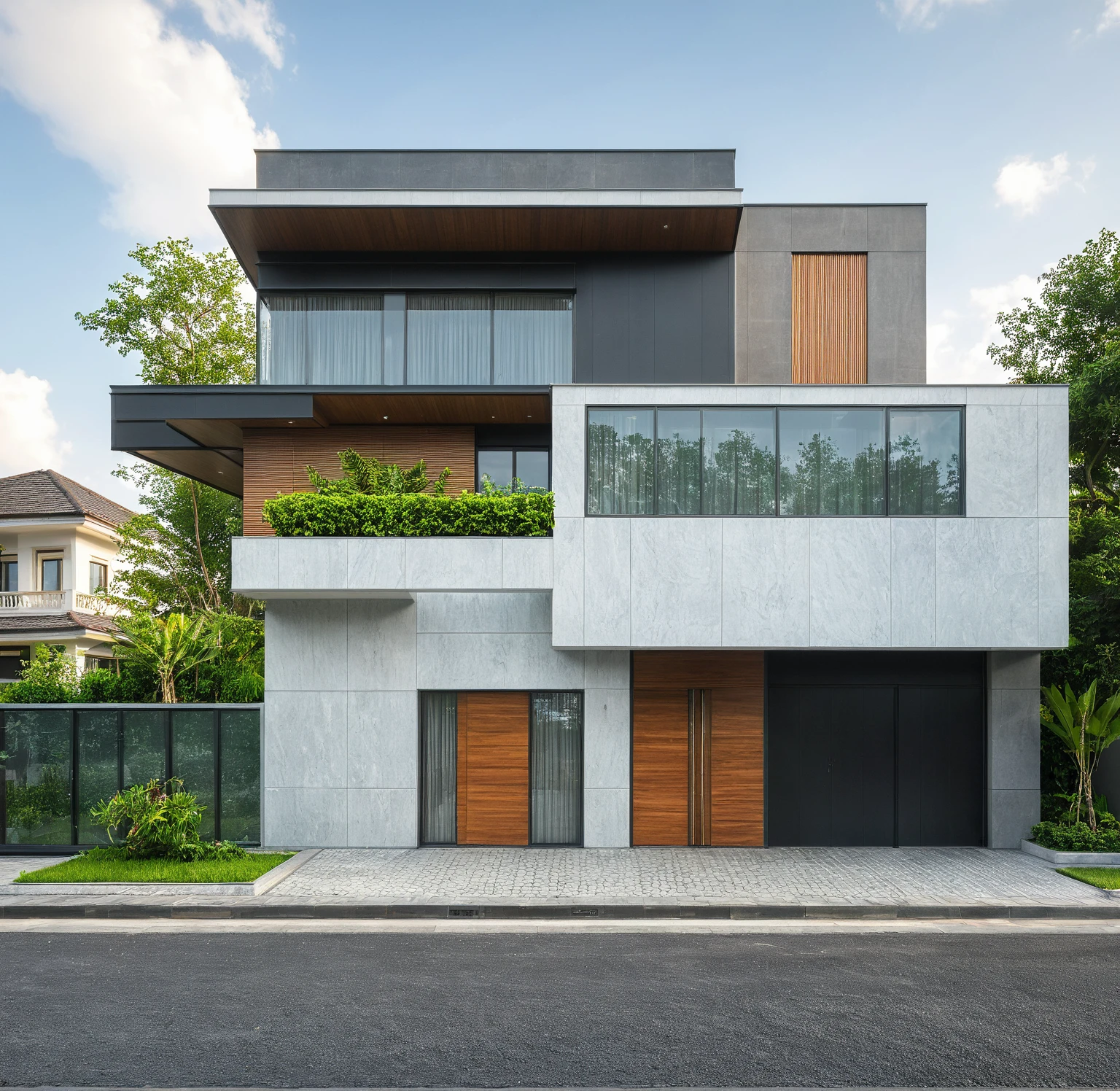 modern villa on street, (daylight), tropical tree, green shrub and plants, vivid color, streetcapes, minimalist design, brigth grey tone, (large glass door:1.2), warm interior lighting, modern material, best quality, ultra realistic, masterpiece,