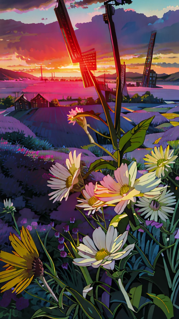 Painting of a bunch of flowers sitting on top of a lush green field, floral sunset, violet and yellow sunset, magical colorful flowers, beautiful composition 3 - d 4 k, lilac sunrays, lavender flowers, detailed fields nature, flowers background, field of fantasy flowers, beautiful large flowers, beautiful flowers, colorful flowers, sunset warm spring, purple flowers, fields of flowers, 4k hd,, beautiful art uhd 4 k, a beautiful artwork illustration, beautiful digital painting, highly detailed digital painting, beautiful digital artwork, detailed painting 4 k, very detailed digital painting, rich picturesque colors, gorgeous digital painting, no human