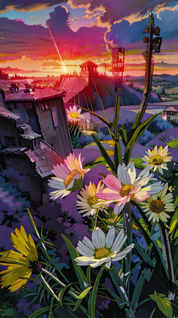 Painting of a bunch of flowers sitting on top of a lush green field, floral sunset, violet and yellow sunset, magical colorful flowers, beautiful composition 3 - d 4 k, lilac sunrays, lavender flowers, detailed fields nature, flowers background, field of fantasy flowers, beautiful large flowers, beautiful flowers, colorful flowers, sunset warm spring, purple flowers, fields of flowers, 4k hd,, beautiful art uhd 4 k, a beautiful artwork illustration, beautiful digital painting, highly detailed digital painting, beautiful digital artwork, detailed painting 4 k, very detailed digital painting, rich picturesque colors, gorgeous digital painting, no human