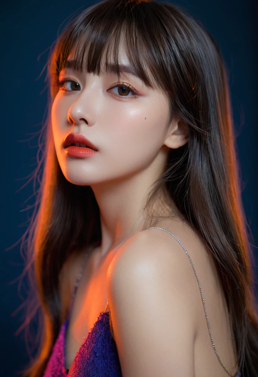 8k, best quality, 1 Girl, (Skin Indentation), night, (dark), Indoor clear background, (people), Beautiful bangs, Gorgeous,, (Clothing and:1.3),Soft lighting, attractive, dark Room, (mouth close:1.2, beautiful eyes, Delicate eyes, Detailed iris, Beautiful lips, Beautiful nose, Pretty Face),(primary color:1.5)，(Ambient Light:1.3)，(Neon light:1.3)
