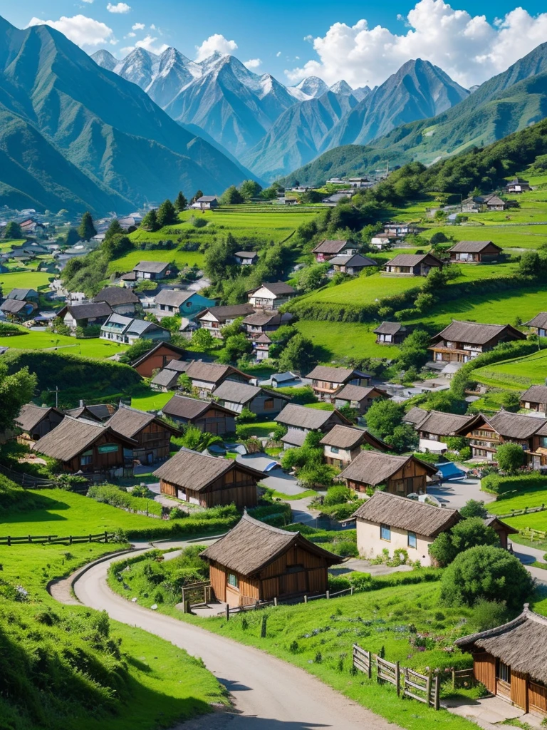 A small village nestled in the foothills of a mountain range. The houses are made of wood and have thatched roofs. The road leading to the village is dirt and winds its way through green fields and meadows. The mountains are covered in snow and the sky is a bright blue