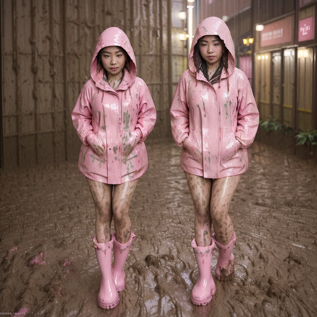 asian lady, cute pose, ((pink buttoned up raincoat)), ((wearing raincoat hood)), (((tall pink rain boots))), ((((muddy splatters)))), ((mud dripping down raincoat)), (((rainy night city street))), intricate details, highly detailed, masterpiece, 8k, photorealistic, cinematic lighting, vibrant colors, soft focus, elegant, feminine, beautiful, serene, graceful