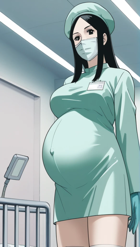 score_9, score_8_up, score_7_up, source_anime, raw image, masterpiece, highest quality, kasuganoray, pale skin, happy eyes, looking with love, long black hair, big breasts, scrubs, surgical mask, bouffant cap, long sleeve maternity dress, put on another long sleeved coat, seamless, navel head, the dress isn't wrinkled, long white stockings,
1girl, pregnant, solo, long rubber gloves, looking down, look at viewer, furrowed brow, hospital bed, light shines from the ceiling, standing, patient room background, she is inquiring about the patient's condition