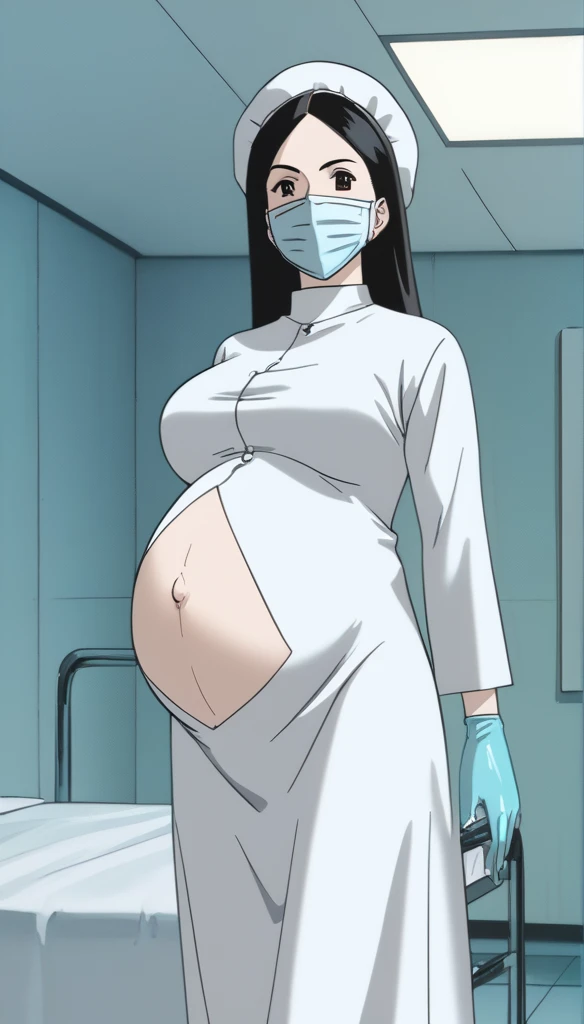 score_9,  score_8_up, score_7_up, source_anime, raw image, masterpiece, highest quality, kasuganoray, pale skin, happy eyes, looking with love, long black hair, big breasts, scrubs, surgical mask, bouffant cap, long sleeve maternity dress, put on another long sleeved coat, seamless, navel head, the dress isn't wrinkled, long white stockings,
1girl, pregnant, solo, long rubber gloves, looking down, look at viewer, furrowed brow, hospital bed, light shines from the ceiling, standing, patient room background, she is inquiring about the patient's condition