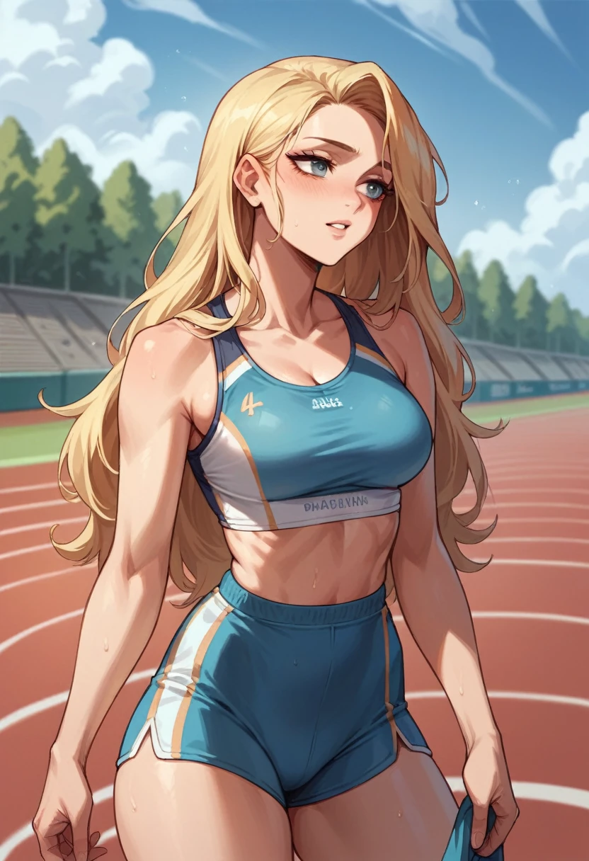 beautiful blonde woman, perfect body, long hair, sportswear, on an athletics track, talking with a man who takes her by the waist