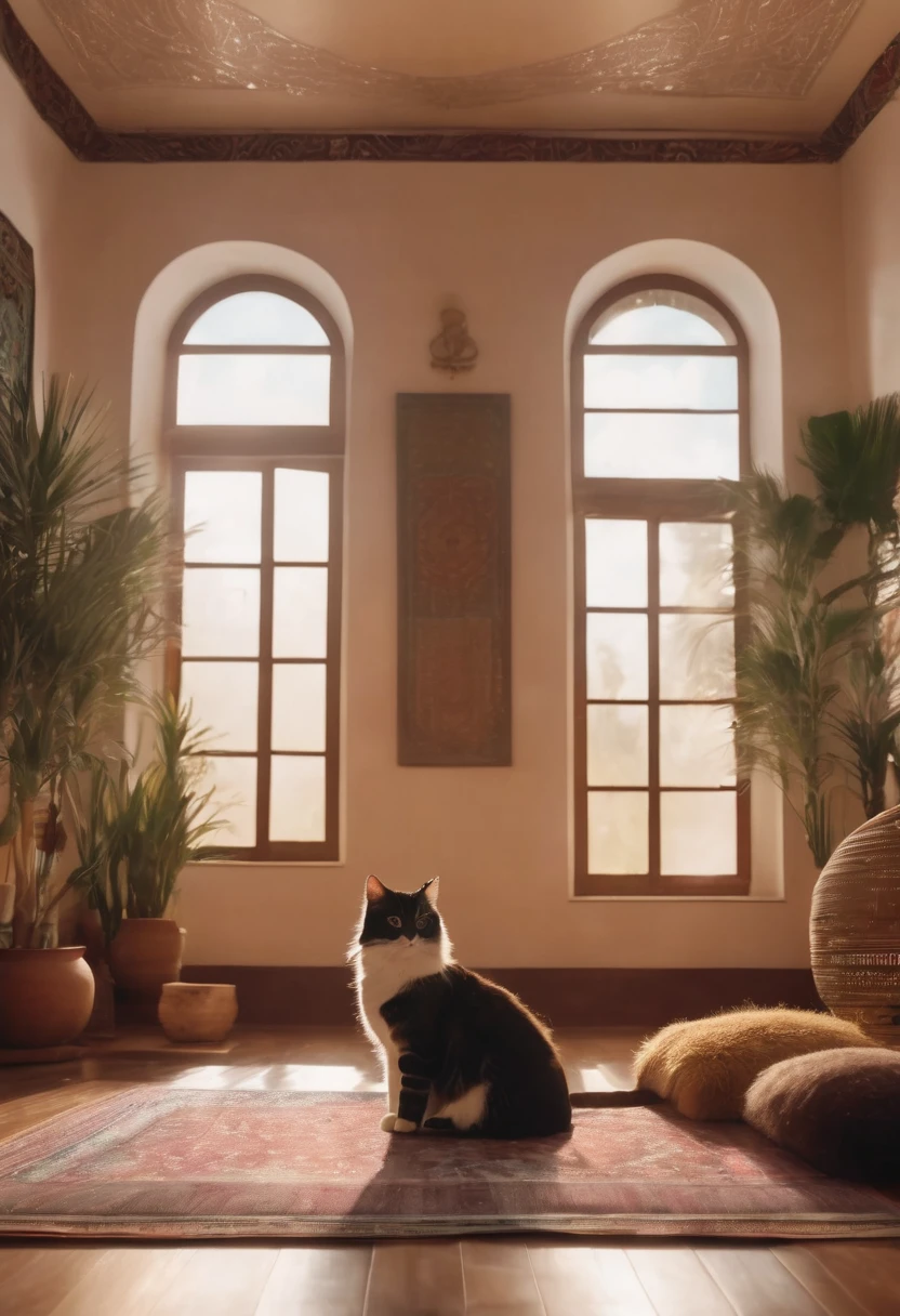 Pessoa ocidental meditando cercada de gatos. The setting is the interior of a beautiful room with boho style decor.. cinematic lighting. Pessoa meditando. meditation. ultra HD pessoa meditando.