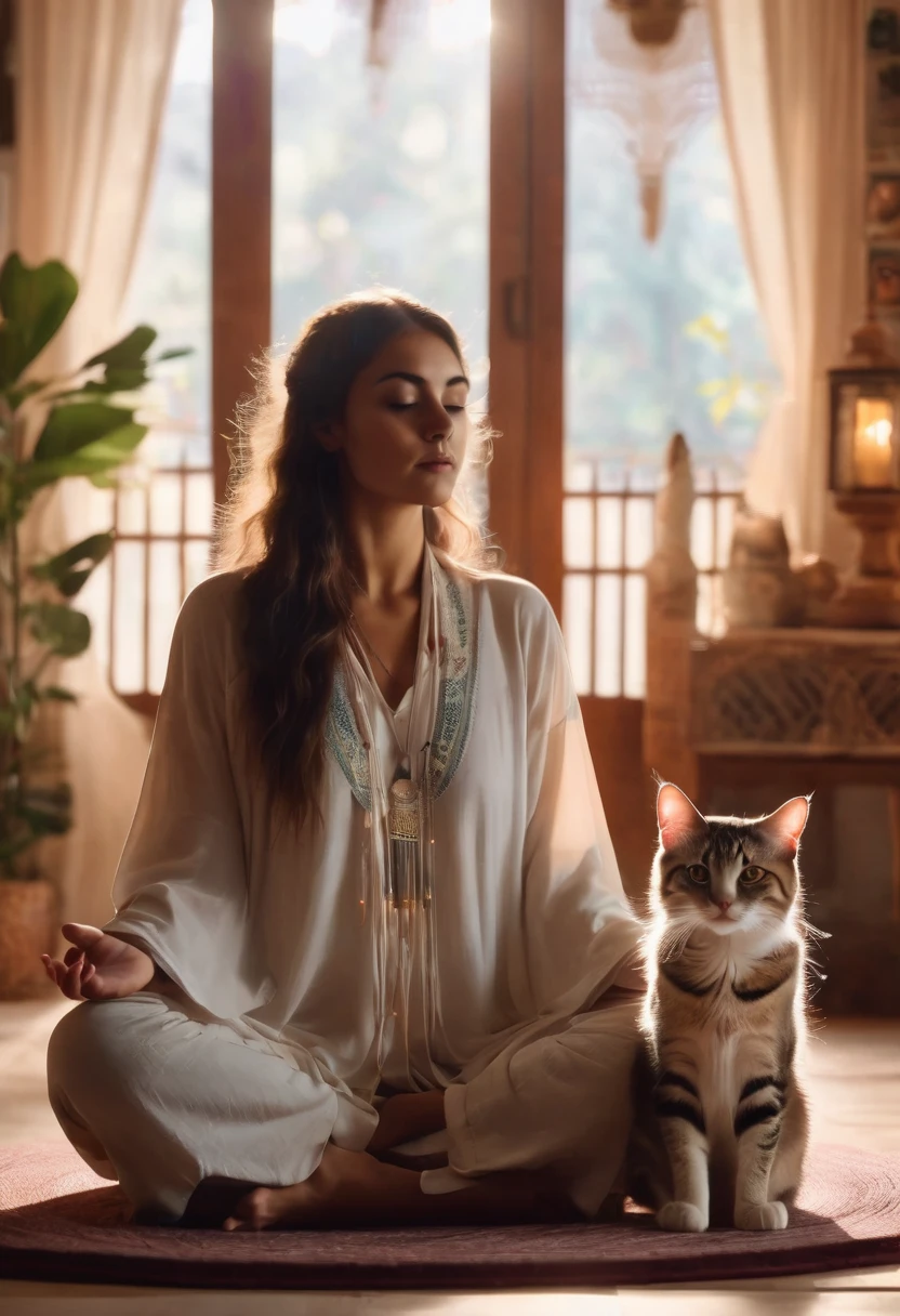 Pessoa ocidental meditando cercada de gatos. The setting is the interior of a beautiful room with boho style decor.. cinematic lighting. Pessoa meditando. meditation. ultra HD pessoa meditando.