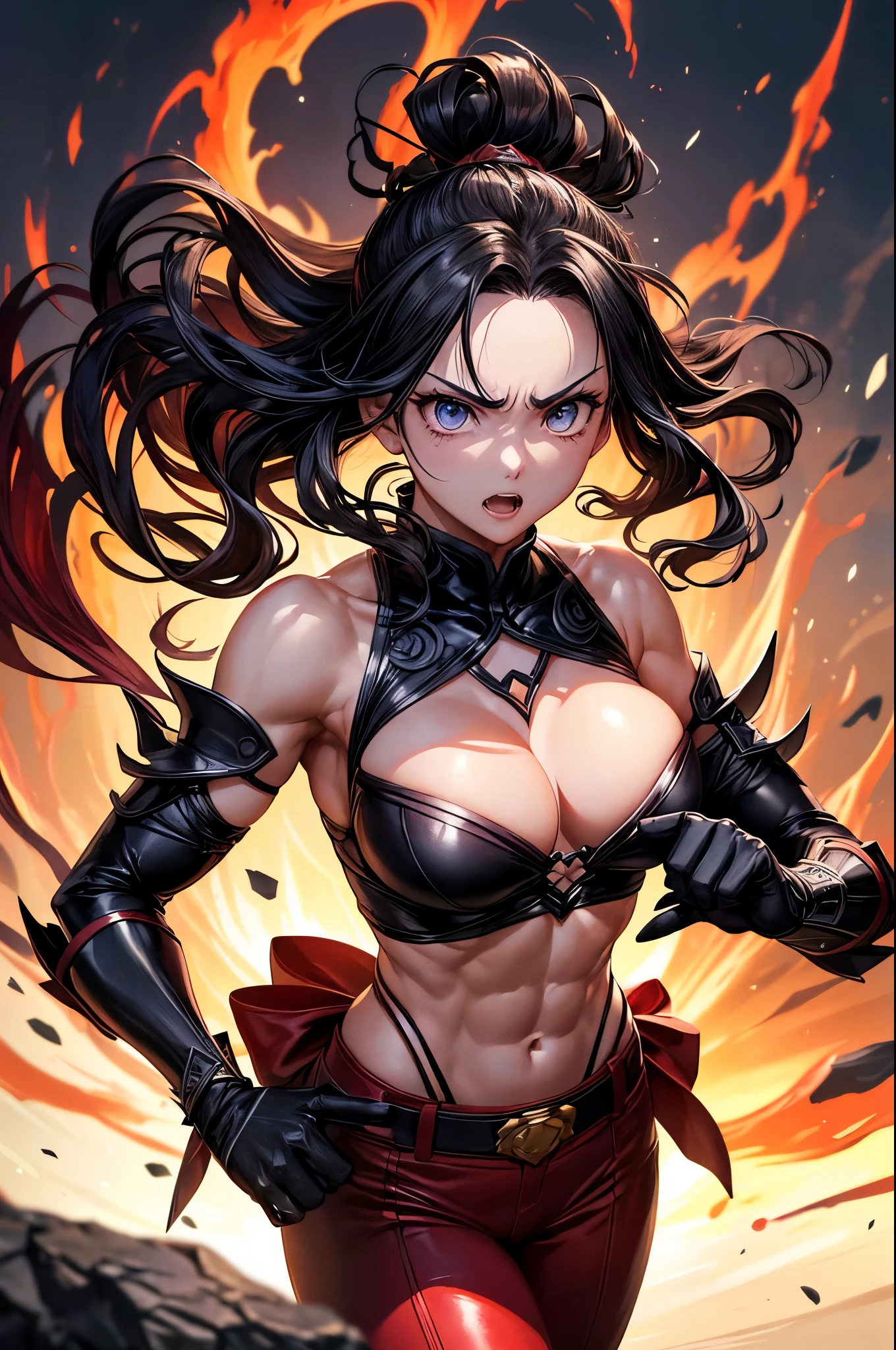 8k,Black light、Real Art、Slim and muscular macho manな女性、Super Beauty(Like the real thing)、Super strong muscles,Iris、Ultra high definition、One mature woman、Light brown mohawk、Mature Demon Slayer: Kimetsu no Yaiba: Kimetsu no Yaiba、anger,Sharp Eyes,非常にVery large breasts、Glowing Iris、Slim and muscular macho man、Lean and muscular lower body、Gorgeous Red Large Chest Chest Armor、Luxury black and red pants、Gorgeous red shoulder pads,Detailed light、Dynamic Angle、Depth of written boundary、(((((())))、Show me your fangs、(Super A)High resolution、Best image quality)、(8k、RAW Photos、Best image quality、masterpiece)、sense of technology、Best image quality、masterpiece、Awareness-raising、CG、Sense of unity、wallpaper、Official Art,Very delicate and beautiful、Attention to detail、Attention to detail、Clear focus、Rich background、(Real People、image)、((High resolutionの肌))、A large flame burning red from the body(Tone flame effect)(There are many big flames)Fantasy art、Shoulder muscles abdominal muscles、Arm Muscles,Ultra-Realistic Skin、Combat pose,Look at the viewers,Big Energy,Japanese,Dynamic action poses,Very large breasts,Super-sixed abs,