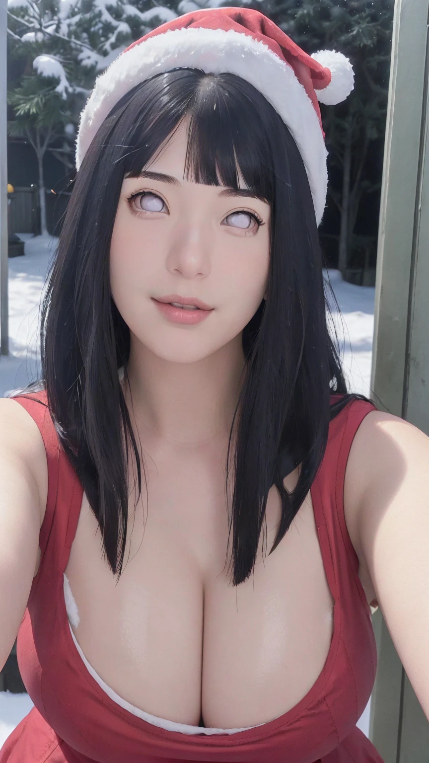 masterpiece, hinata\(boruto\), 1girl, mature women, (((red dress santa))), (((Selfie))), (((Close-up photo))), (((cleavage))), (((Closed Clothing))), (((big breasts))), (((big round breasts))), (((round breasts))), (((extremely heavy breasts))), (((Colossal tits))), (((heavy breasts))), (((plump breasts))), (((perfect breasts))), (((Christmas hat))), (((snow))), (((Outdoor))), (shy face), detailed lips, beautiful face, blush, (pink lips), (((long hair))), white eyes, gentle gaze, smile, super realistic, detailed, realistic face and body, realistic hair, realistic eyes, realistic nose, realistic lips, seductive pose, (((straight bangs))), (dark blue hair), 28 year old girl