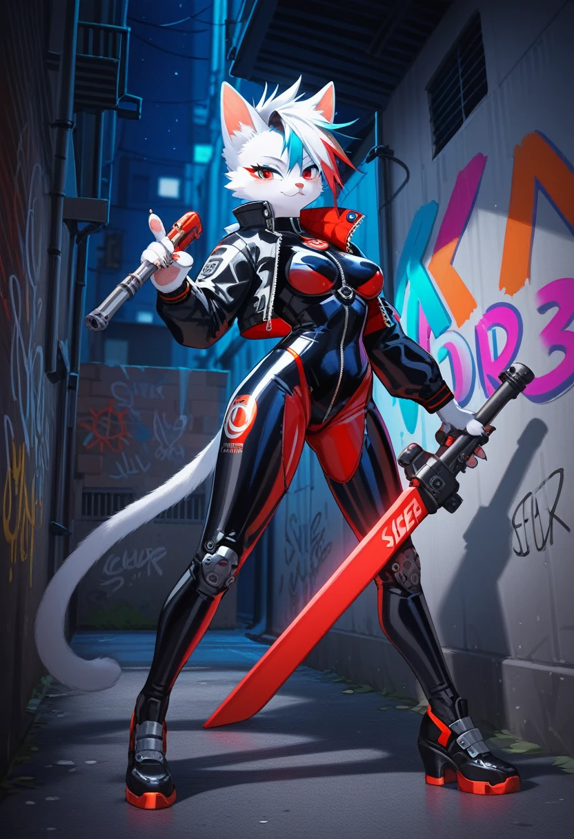 animation, Highest quality, Highest quality, High quality illustrations, masterpiece, Ultra-high resolution, Detailed Background, Alley, night, Graffiti art on the wall, Absurd, Perfect Anatomy, performance, Good lighting, Shadows in the movies(kemono, Furry PersonifiCation), Cat, woman, White Skin, Red Rubber Suit, latex, neon, neonライト, neonカラー, Bodysuits, Cyber Suit, Mech Suit, Rubber Half Jacket, cyber punk, Blade Runner, Holding a blade