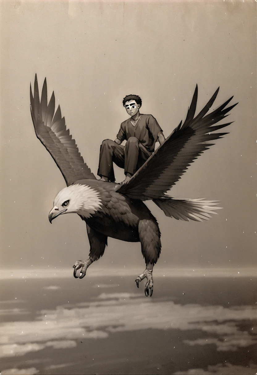 Handsome Indonesian man,thick eyebrows,short thin hair,full body,wearing a black shirt,sitting on an eagle in flight.