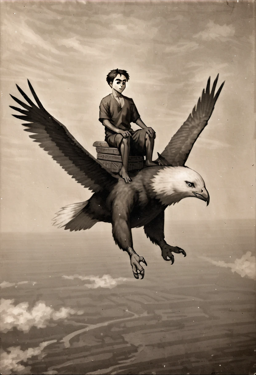Handsome Indonesian man,thick eyebrows,short thin hair,full body,wearing a black shirt,sitting on an eagle in flight.