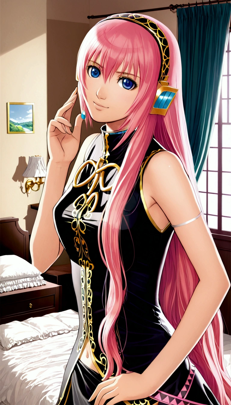 Detailed and beautiful depiction 1.1,Official Art,Beautiful adult woman ,Megurine Luka,Pink long hair,blue eyes,smile,Bedroom