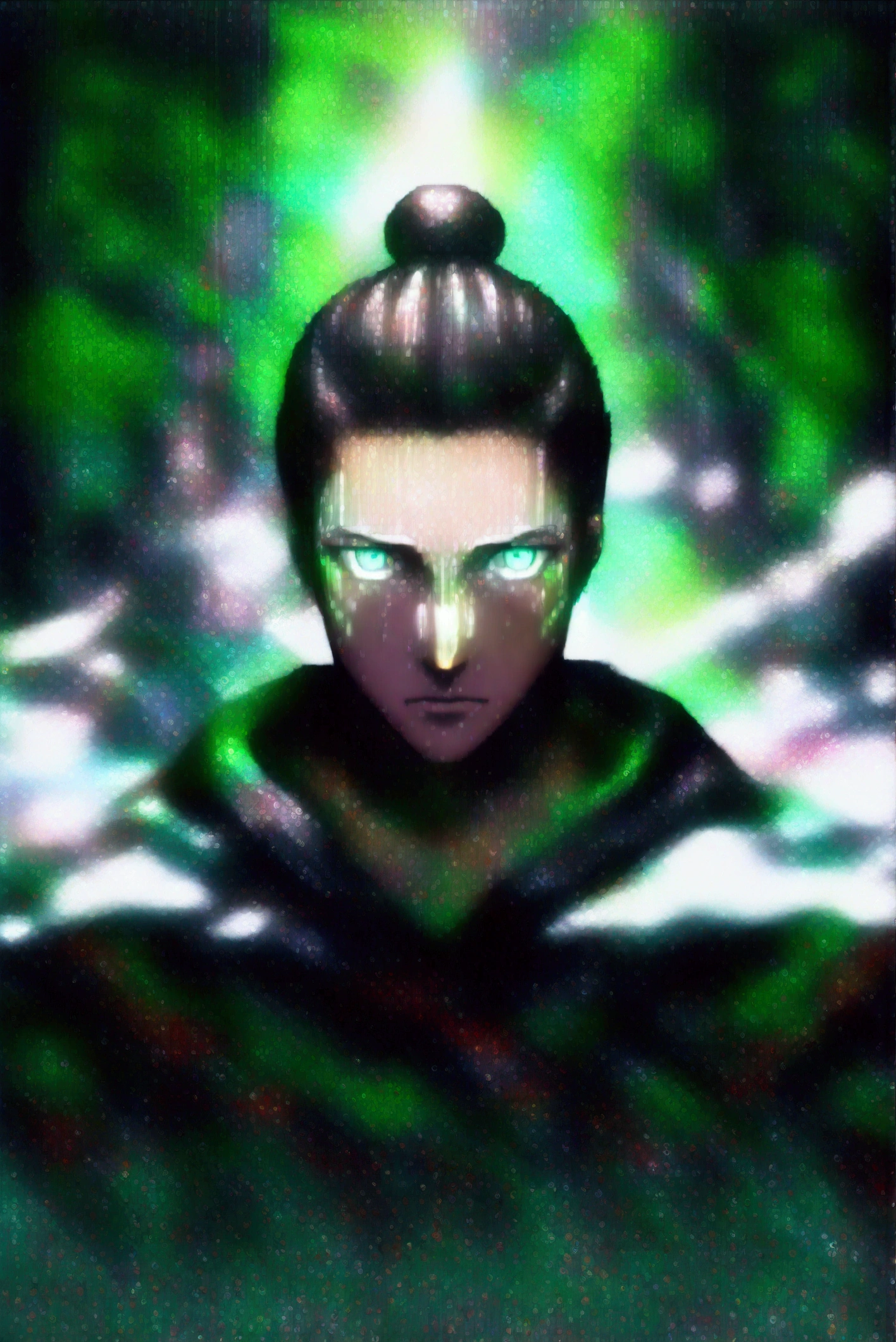 Brown slicked-back man bun hairstyle、Handsome man in his 20s(1 male,Ellen Yeager)(Attack on Titan),Green Eyes,Expressionless,(He is wearing a long black hoodie..),(masterpiece:1.3),(Highest quality:1.4),(Very detailedな:1.5),High resolution,Very detailed,unity 8k wallpaper,Decadent,Wind,Achieve smooth design