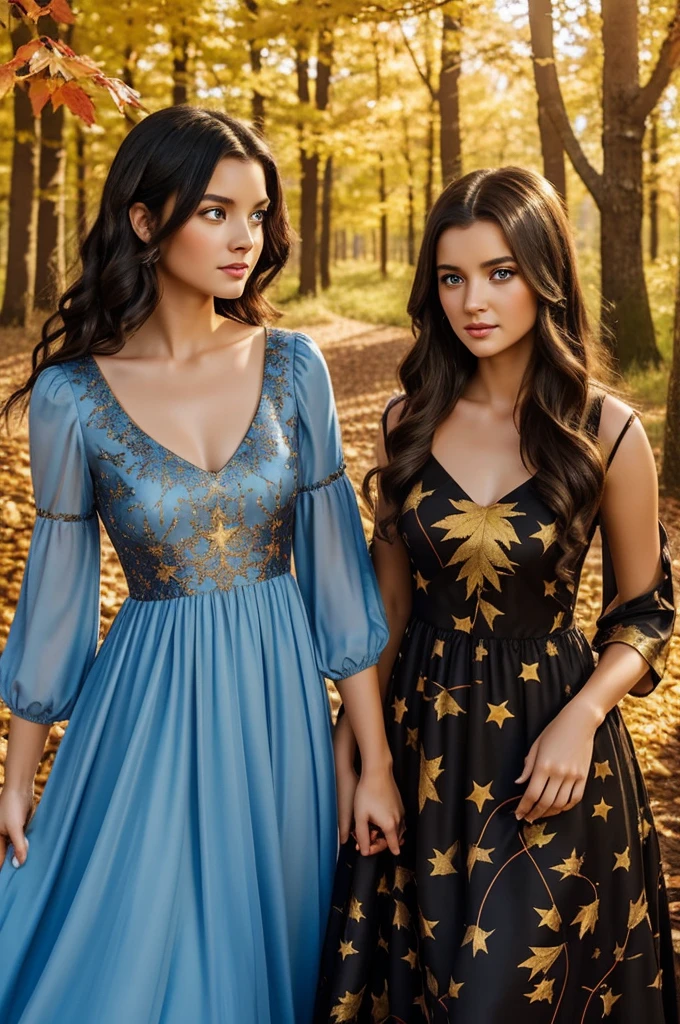 A black haired beautiful woman with red eyes and a golden dress with autumn leaves on it standing beside a light brown haired girl with blue eyes wearing a light blue dress with stars on it. Fantasy style. 