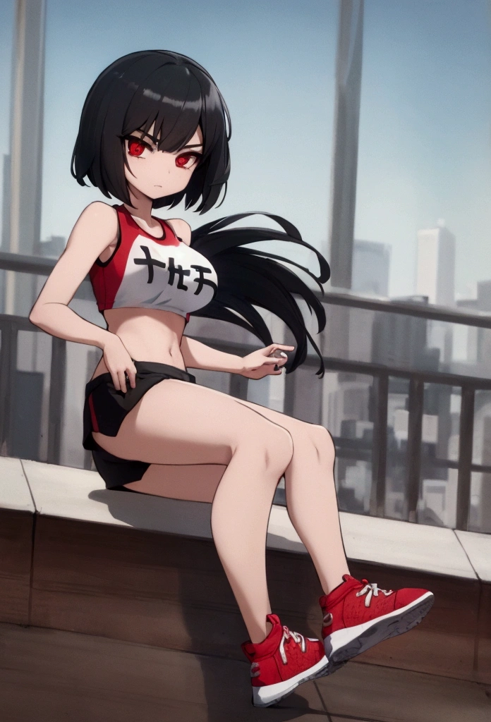 girl, Black hair, bob, red eyes, marathon runner, running, white and red tank top, shorts, marathon shoes