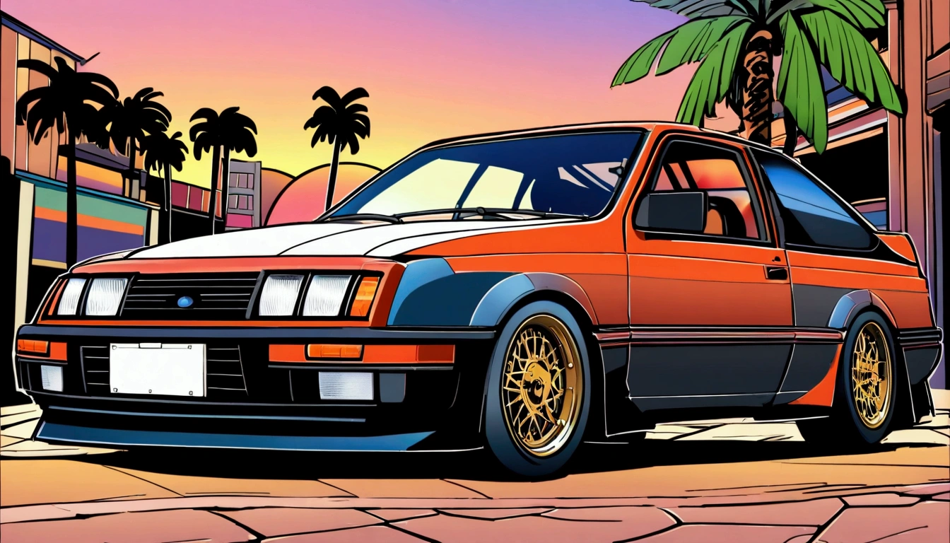 ((TShirt Design)), Ford Sierra RS Cosworth(1985), Sunset background, Palm tree, Layers with 5 colors, Corner Street, Belek's Drums, Plethean,