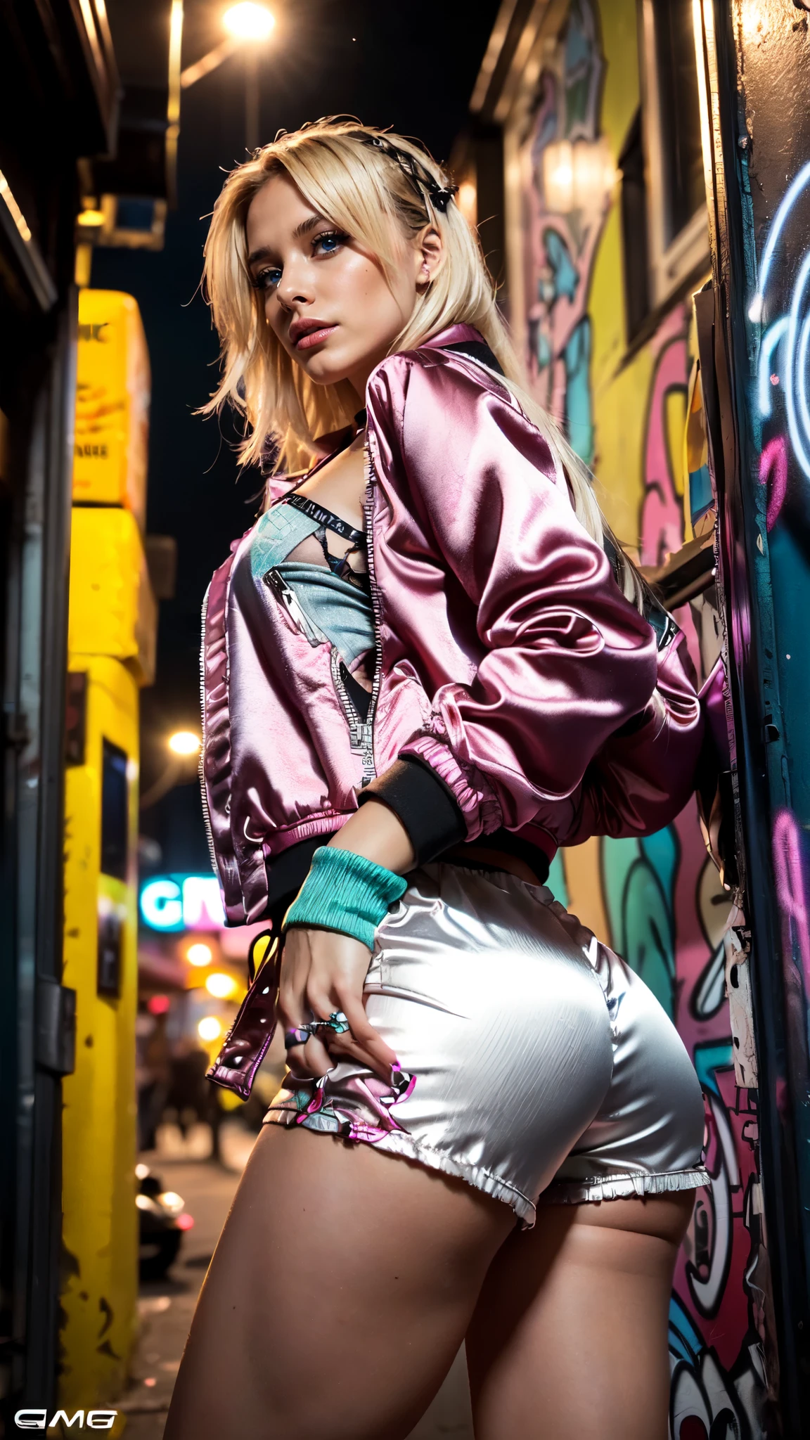 (Ultra-detailed eyes), (((textile shading))), (((Best Quality))), (((materpiece))), (((Ultra-detailed CG))), sassy 30 years old american girl, (((magical little girl))), (Petite), (tiny chest), blonde  wavy hair with pink streaks, ((gorgeous hair)), Pink eyes, (((punk girl, satin jacket, y2k ripped satin Shorts))), ((striking a pose)), (((Game CG)) (gorgeous, sassy, it girl), fancy jewelry, graffiti-covered walls,neon lights,vibrant colors,night scene,gritty atmosphere,4K, strong punk atmosphere, cowboy shot, midshot, centered image, eye on camera, daylight,sexy Ass,