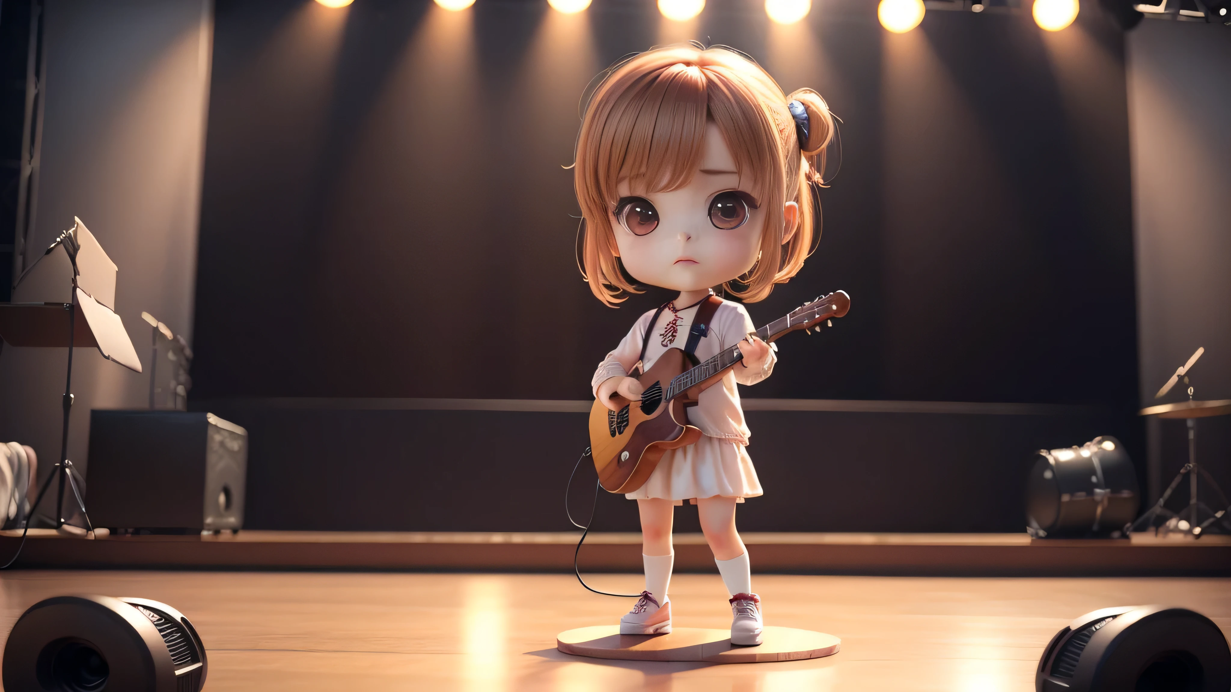Anime Baby Chibi Cute、(((Chibi 3D))) (best quality), (concert stage)、(stand),Brown hairstyle、concert stage、detailed face、relax,ผู้ชายstandถือกีต้า