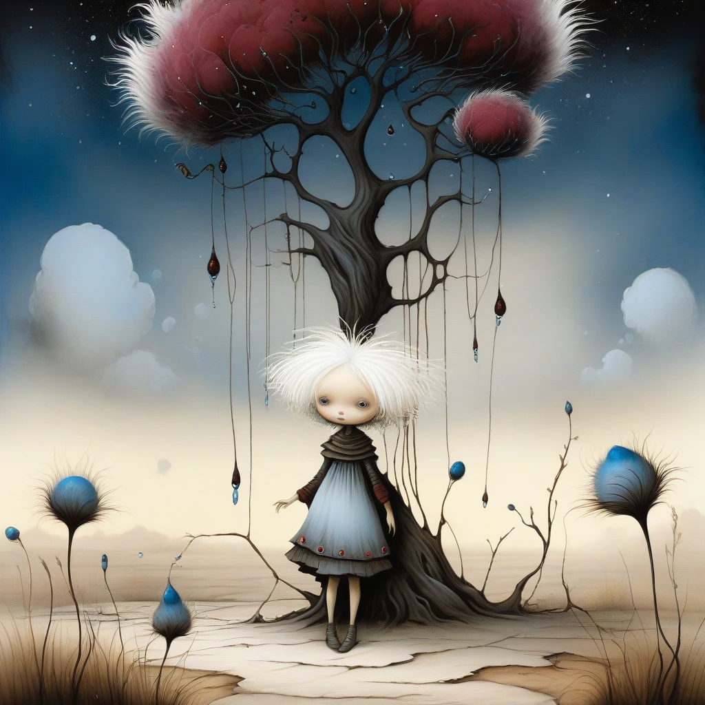 Surreal beautiful girl (full length) in a beautiful dress, Jean-Baptiste Monge style, white hair, alien life, alien landscape, there are many different burgundy plants, darkness, emptiness, tree and creature, cartoon picture, illustration for children, surrealism, funny, fluff, feathered cotton wool, water drops, feathers, sand, grass, black blue white, a determined look, cosmic background