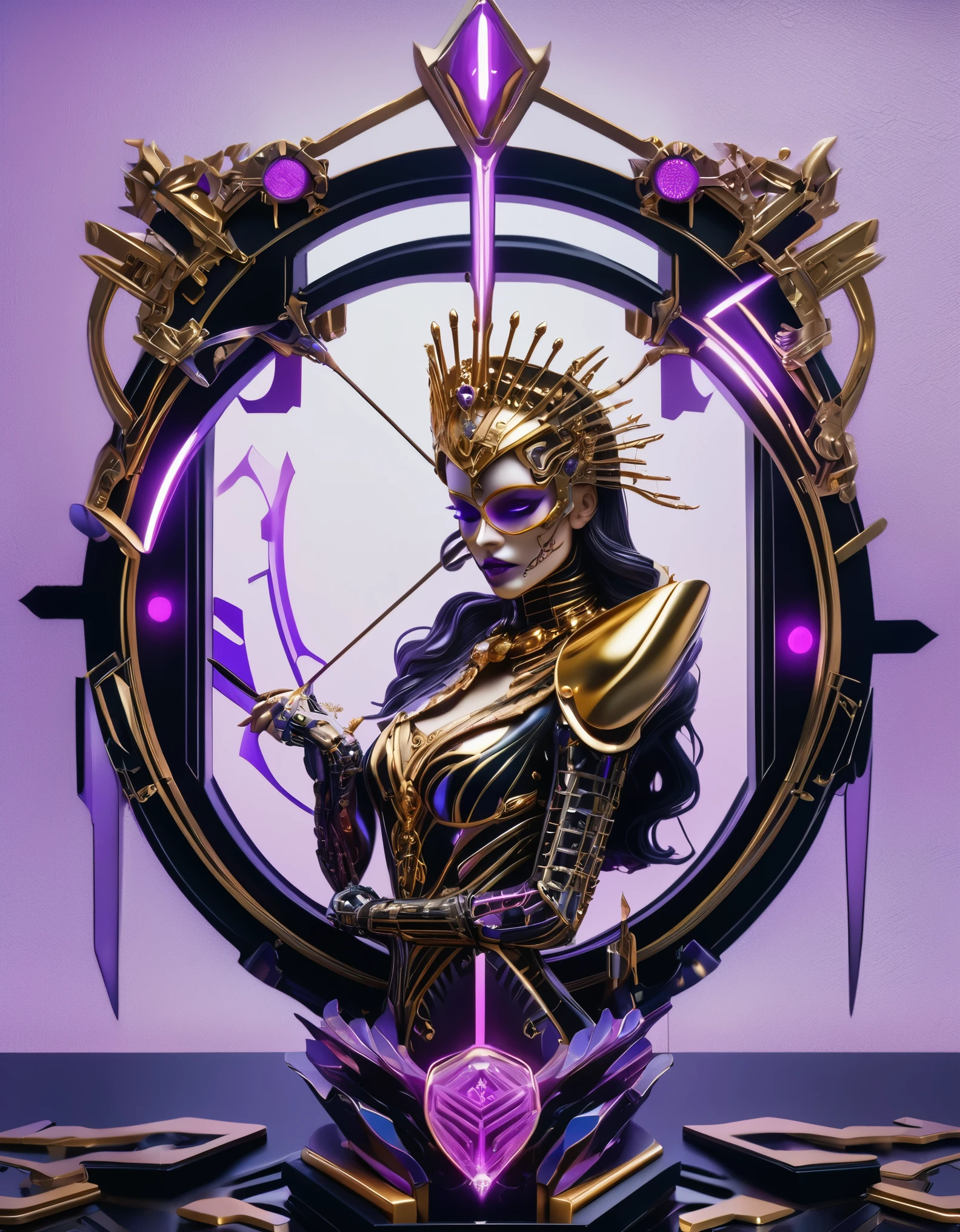 ( High quality , Ultra-detail, carefully with your hand )tarot card, chiaroscuro technique on sensual illustration of an queen of sword, a teenage fashion model wearing an exo-skeleton mask, vibrant colors, futuristic cyberpunk style, intricate details, cinematic lighting, dramatic pose, an elegant complex bio mechanical onyx and gold, intricate details, official art, unity 8k wallpaper, ultra detailed, beautiful and aesthetic, (in a room with black walls illuminated by violet neon lights :1.1)

