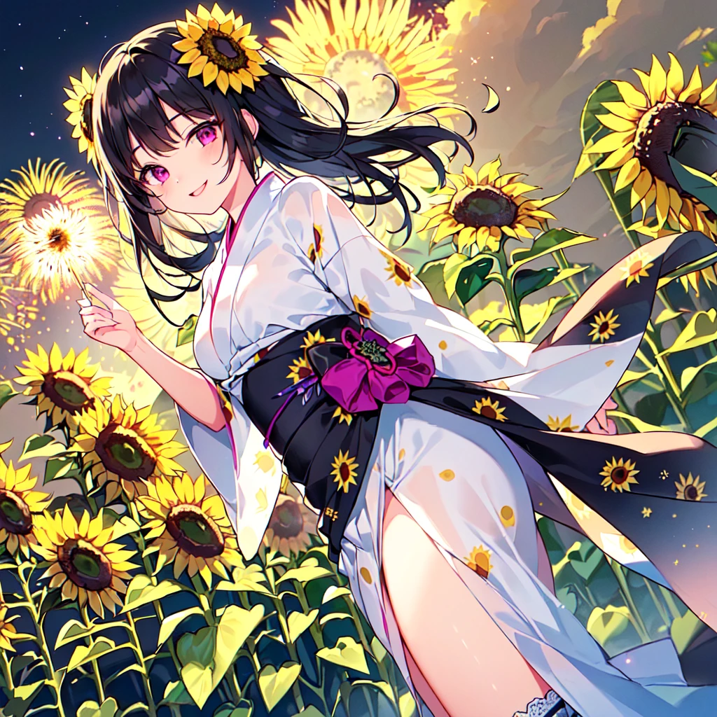 masterpiece, best quality, high quality, extremely detailed, very delicate and beautiful, (1 female 18 years old solo:1.5), (long black hair up to waist with two side up:1.5), bangs to eyebrows, eyes Eyebrows are glossy, (eye color: magenta: 1.3), 6.5 head height, (yukata with sunflower fireworks print: 1.3), knee socks, lace, frills, (smiling), (standing: 1.3), (smiling), (dynamic pose), (background sunflower flower field: 1.3), (sunflowers Lots and Lots of Night: 1.3)