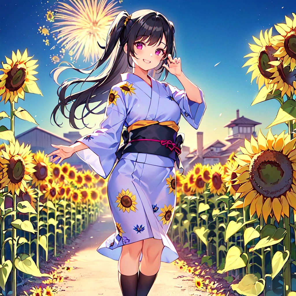 masterpiece, best quality, high quality, extremely detailed, very delicate and beautiful, (1 female 18 years old solo:1.5), (long black hair up to waist with two side up:1.5), bangs to eyebrows, eyes Eyebrows are glossy, (eye color: magenta: 1.3), 6.5 head height, (yukata with sunflower fireworks print: 1.3), knee socks, lace, frills, (smiling), (standing: 1.3), (smiling), (dynamic pose), (background sunflower flower field: 1.3), (sunflowers Lots and Lots of Night: 1.3)