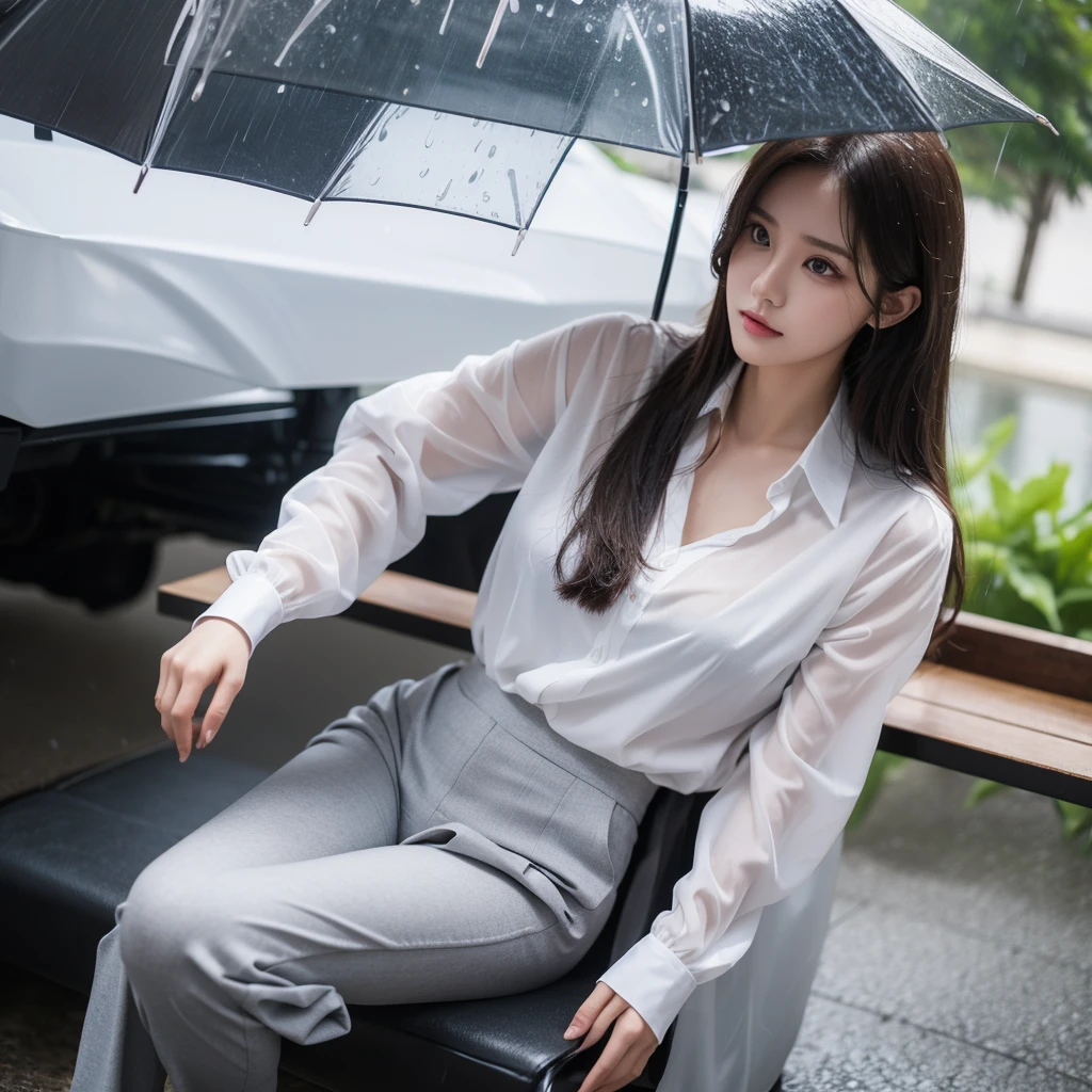 typhoon、Beautiful woman in the rain、雨で濡れたBeautyOL、Detailed face、Realistic、beautiful girl、Beauty、Office Lady Uniform、beauty、Beautiful woman、Narrow waist、Handsome woman、Tight pants look、suit、Sexy pose、タイトなsuitパンツ、雨で濡れたsuit、Wet shirt、See-through shirt、Shot in heavy rain、See-through underwear