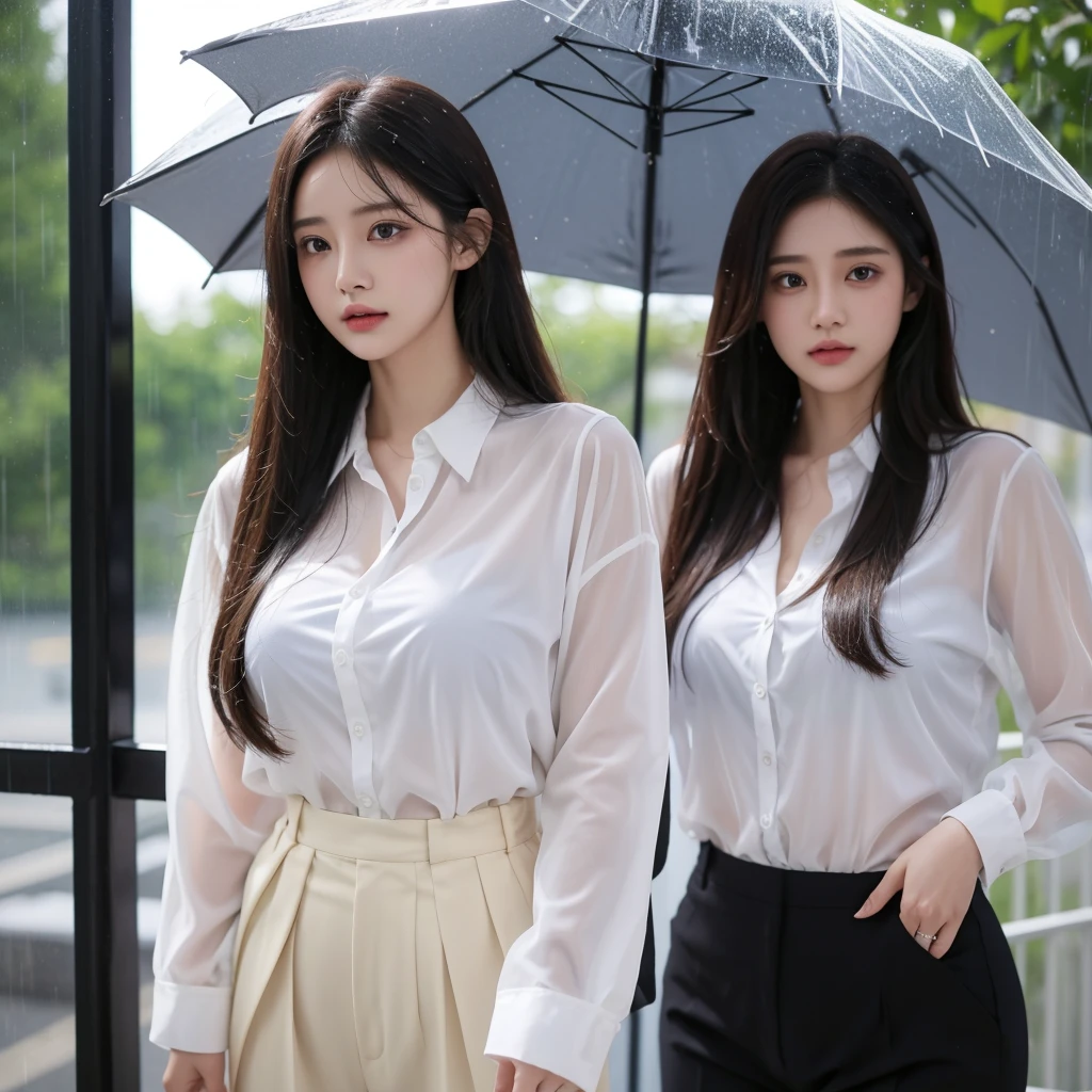 typhoon、Beautiful woman in the rain、雨で濡れたBeautyOL、Detailed face、Realistic、beautiful girl、Beauty、Office Lady Uniform、beauty、Beautiful woman、Narrow waist、Handsome woman、Tight pants look、suit、Sexy pose、タイトなsuitパンツ、雨で濡れたsuit、Wet shirt、See-through shirt、Shot in heavy rain、See-through underwear