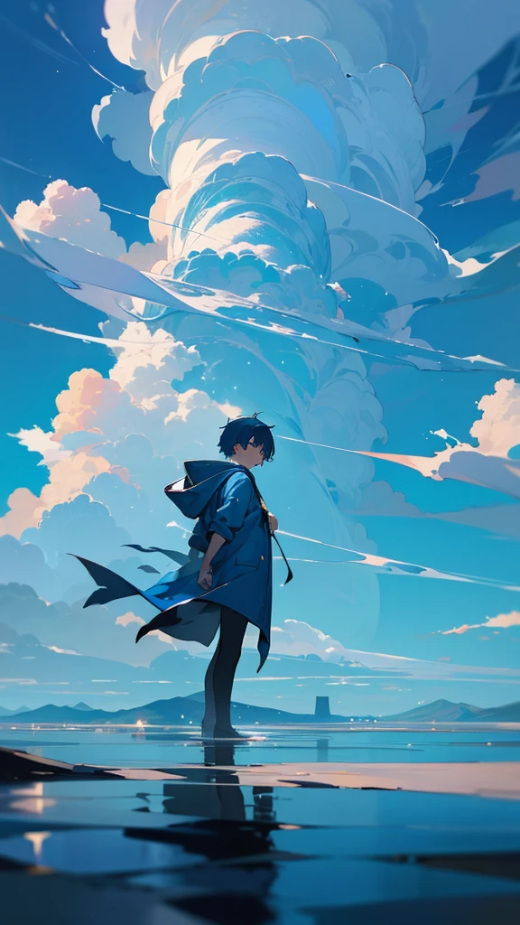 “A boy in a hooded parka walking on water with his back turned to the viewer, set against a bright blue sky with towering cumulonimbus clouds. The sky and clouds are reflected on the water’s surface. The boy appears small, with the focus on the expansive and fantastical landscape, reminiscent of a cinematic scene, rendered in high detail.”
