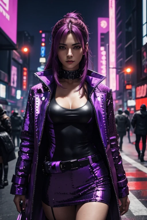 Cyberpunk, Woman, open purple sequin coat, red clothing, cyberpunk mercenary