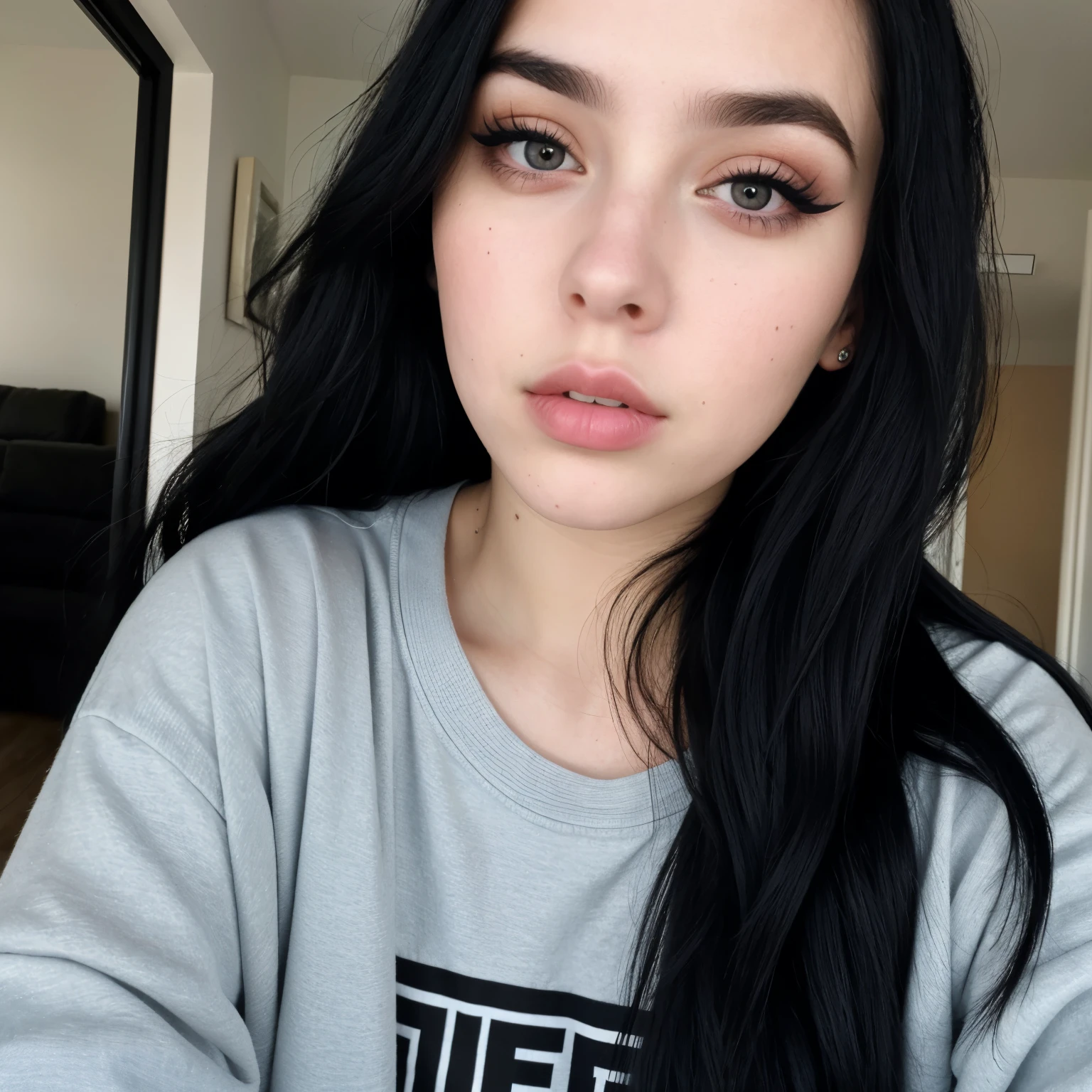 selfie of a 27 year old woman, with a face similar to Billie Eilish with black eyes, dark shaped eyes, makeup on black eyelids, and black eyeliner, long black hair