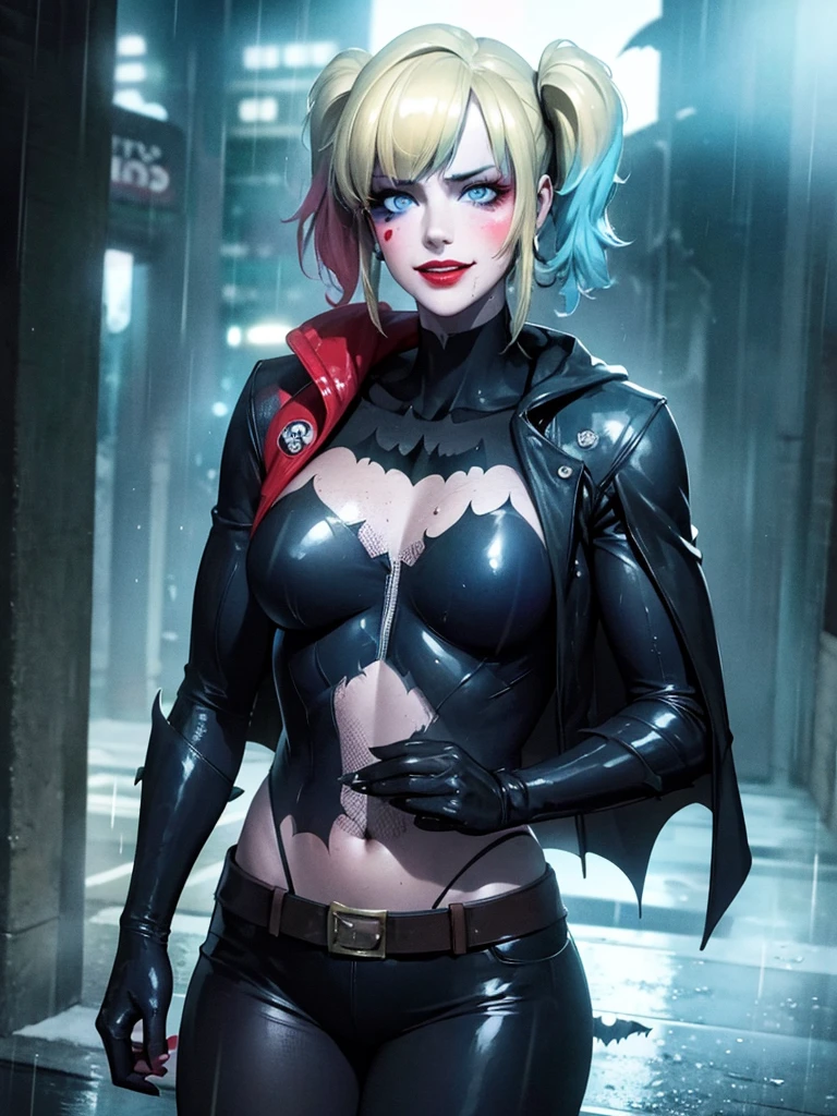 Harley Quinn batman, rain-drenched street, soaked clothes clinging to body, no underwear, wicked smile, Batman costume. batman mask, batman cape, dark knight batman low cut costume , detailed face, beautiful eyes, detailed lips, detailed nose, detailed facial features, highly detailed, 8k, photorealistic, hyper-realistic, dynamic lighting, dramatic shadows, cinematic, cinematic lighting, dark and moody, neon lights, glowing rain, puddles, rain-slicked pavement, wet hair, rain dripping, reflections, fantasy.