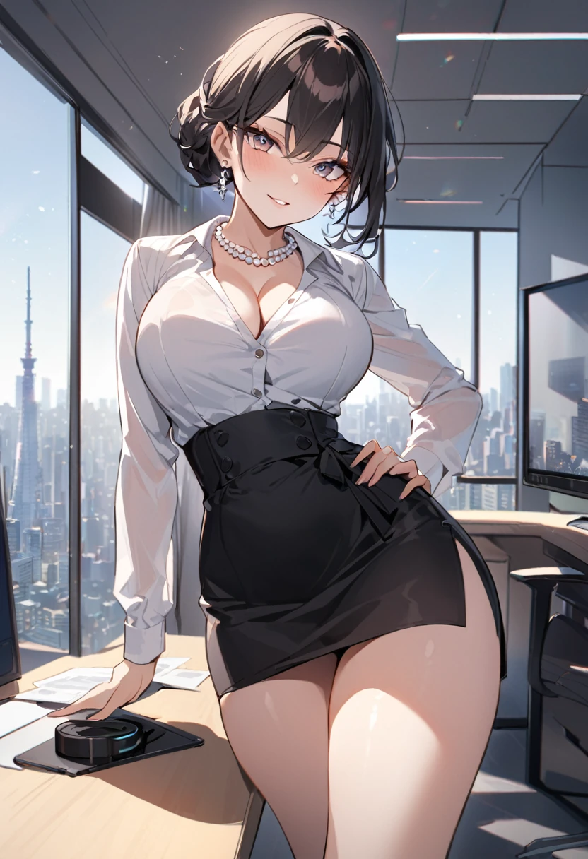 "Curvaceous Japanese office lady, 32 years old, height 163cm, business chic with hidden curves (92-63-93 cm), ample E-cup breasts concealed under blouse, slender 63cm waist, full 93cm hips, shapely legs, clear fair skin (RGB: 255, 233, 209), oval face with soft features, almond-shaped eyes (dark brown, RGB: 54, 38, 22) with double eyelids, straight nose, full lips with natural pink color (RGB: 222, 165, 164) in a professional smile, long black hair styled in an elegant French twist updo, subtle makeup suitable for office with focus on eyes and neutral lip color, wearing a crisp white blouse with top buttons open hinting at cleavage, form-fitting dark gray pencil skirt accentuating hips and ending just above knees, black 3-inch heel pumps, delicate pearl necklace and earrings, standing confidently with one hand on hip in a modern office setting with floor-to-ceiling windows, Tokyo skyline view in background, soft natural lighting mixed with office fluorescents, corporate portrait style with a touch of glamour, shot with Sony A1 mirrorless camera, 85mm f/1.4 GM lens, ISO 200, 1/160 sec, 50MP resolution, focus on professional appearance with subtle emphasis on curves --ar 2:3 --q 2 --s 850 --v 6.0 --style raw"