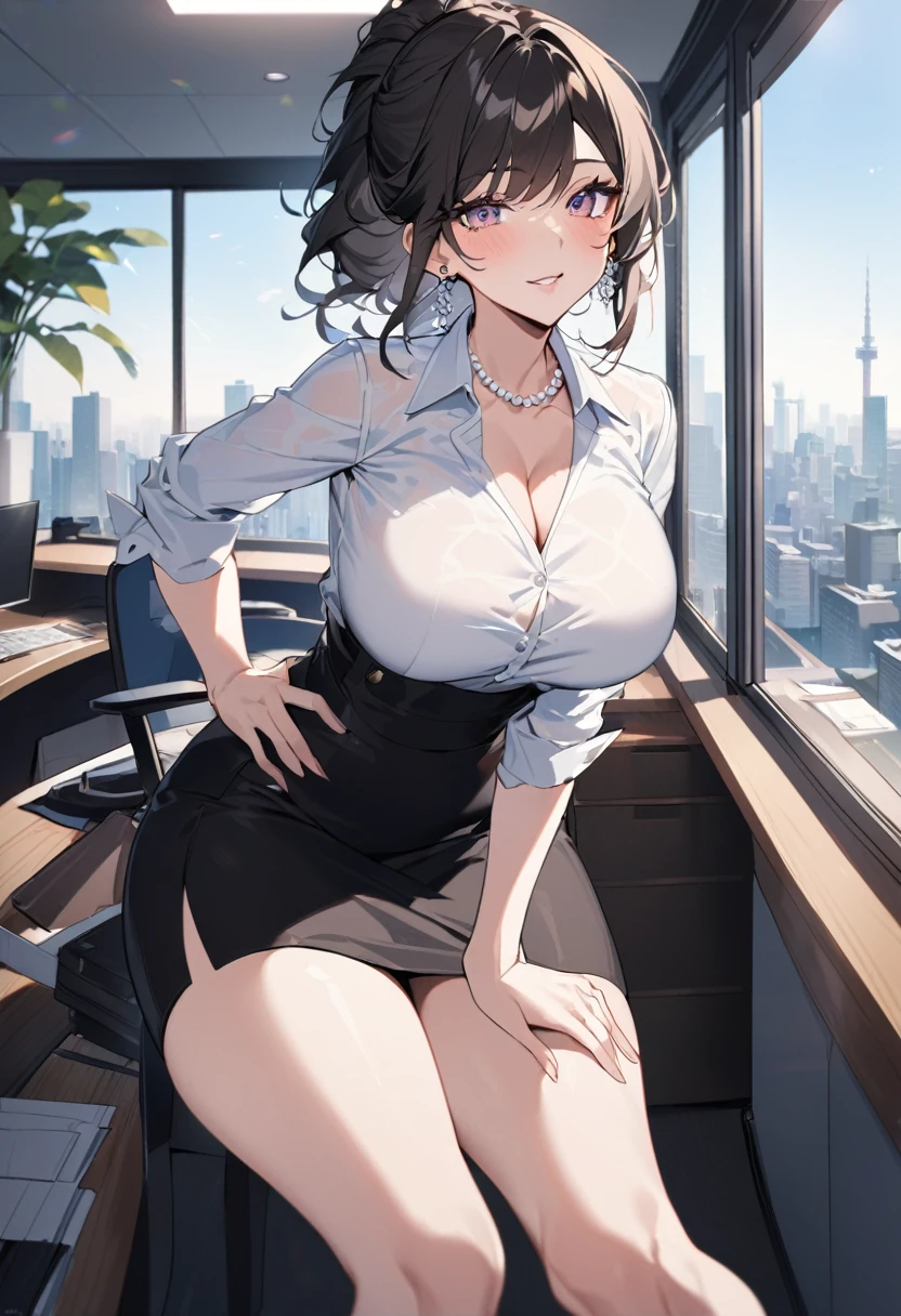 "Curvaceous Japanese office lady, 32 years old, height 163cm, business chic with hidden curves (92-63-93 cm), ample E-cup breasts concealed under blouse, slender 63cm waist, full 93cm hips, shapely legs, clear fair skin (RGB: 255, 233, 209), oval face with soft features, almond-shaped eyes (dark brown, RGB: 54, 38, 22) with double eyelids, straight nose, full lips with natural pink color (RGB: 222, 165, 164) in a professional smile, long black hair styled in an elegant French twist updo, subtle makeup suitable for office with focus on eyes and neutral lip color, wearing a crisp white blouse with top buttons open hinting at cleavage, form-fitting dark gray pencil skirt accentuating hips and ending just above knees, black 3-inch heel pumps, delicate pearl necklace and earrings, standing confidently with one hand on hip in a modern office setting with floor-to-ceiling windows, Tokyo skyline view in background, soft natural lighting mixed with office fluorescents, corporate portrait style with a touch of glamour, shot with Sony A1 mirrorless camera, 85mm f/1.4 GM lens, ISO 200, 1/160 sec, 50MP resolution, focus on professional appearance with subtle emphasis on curves --ar 2:3 --q 2 --s 850 --v 6.0 --style raw"
