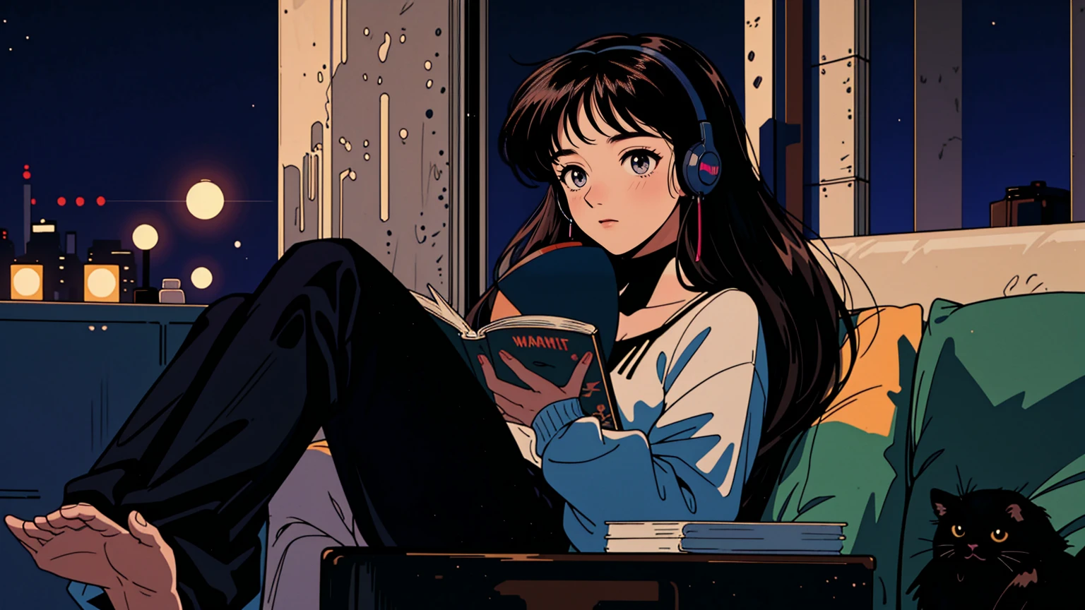 best quality, 8k, 1990s style,2010s hairstyles, 21 year old girl, black hair, long hair, light brown eyes, city pop, pants ,night view, wearing headphones,reading a book, whole body,  relax coffee,table,confection,Looking at me, Black cat
