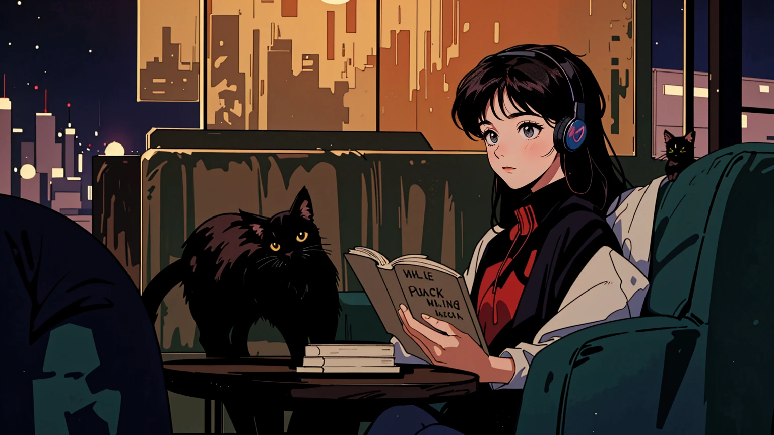 best quality, 8k, 1990s style,2010s hairstyles, 21 year old girl, black hair, long hair, light brown eyes, city pop, pants ,night view, wearing headphones,reading a book, whole body, relax coffee,table,confection,Looking at me, Black cat