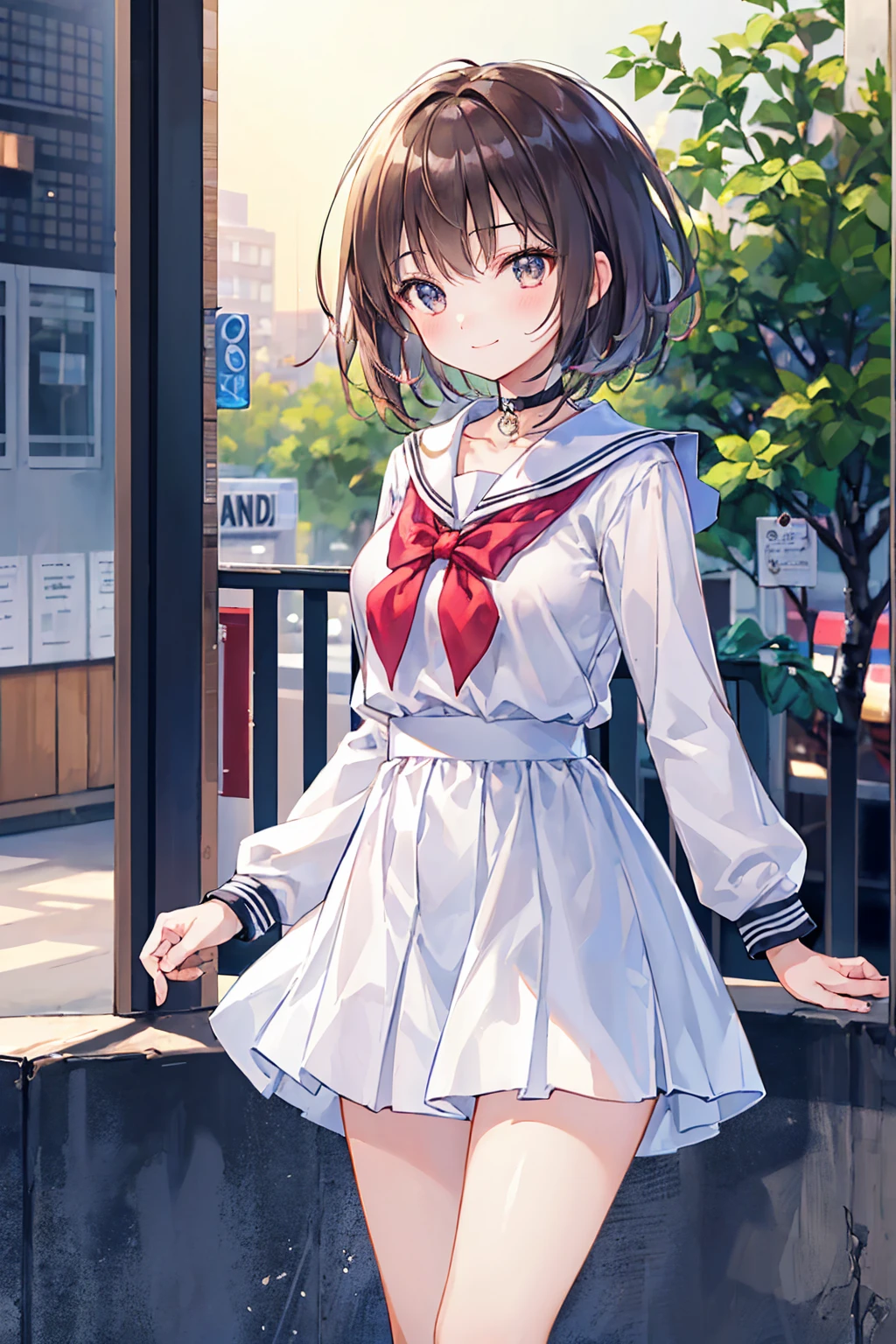 (masterpiece: 1.3),(Highest quality:1.4),超High resolution,(Detailed eyes),(Detailed facial features),(Detailed clothing features),High resolution,8k resolution, Ground Focus, bangs, Firm Skin, (Glowing Skin ),(Slender girl),dream-like, (Very detailedイラスト),Check the comments,Please leave a comment,scenery,No text, Virtual Girl Lynn, Happy, smile, (Small breasts), bangs, Bob Hair, short hair, Brown Hair, Brown eyes, Black choker, One girl, student, high school, white , Sailor suit, Dark red pleated skirt, socks, sneakers,((Highest quality)), (Very detailed), (High-definition CG synthesis 8K wallpaper), 高いly detailed, 高い-definition raw color photos, Professional photography, (((Bokeh))), Written boundary depth,