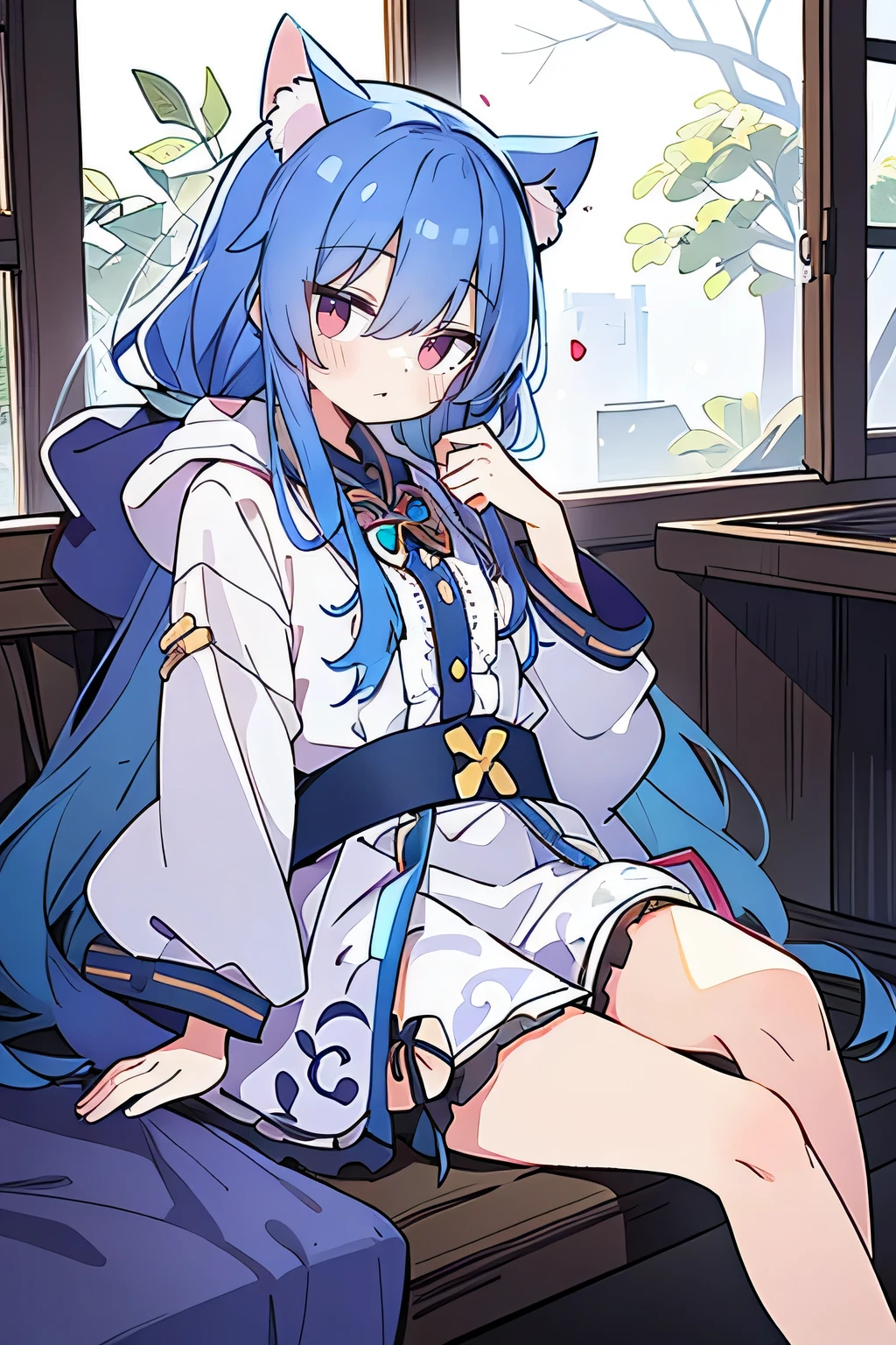 (masterpiece:1.2),Super detailed,lifelike,Expressive eyes,fair skin,perfect face shape,1 girl,
Japanese comics,Gorgeous blue hair,flowing blue hair,flowing clothes,Cat ears,Petals fall,beautiful lola,Baby Angel,
Shaking head with one hand,Cross your legs,Gentle and peaceful background,The pavilion is cool and comfortable,smile, wearing hoodie, In front of the window,snowing