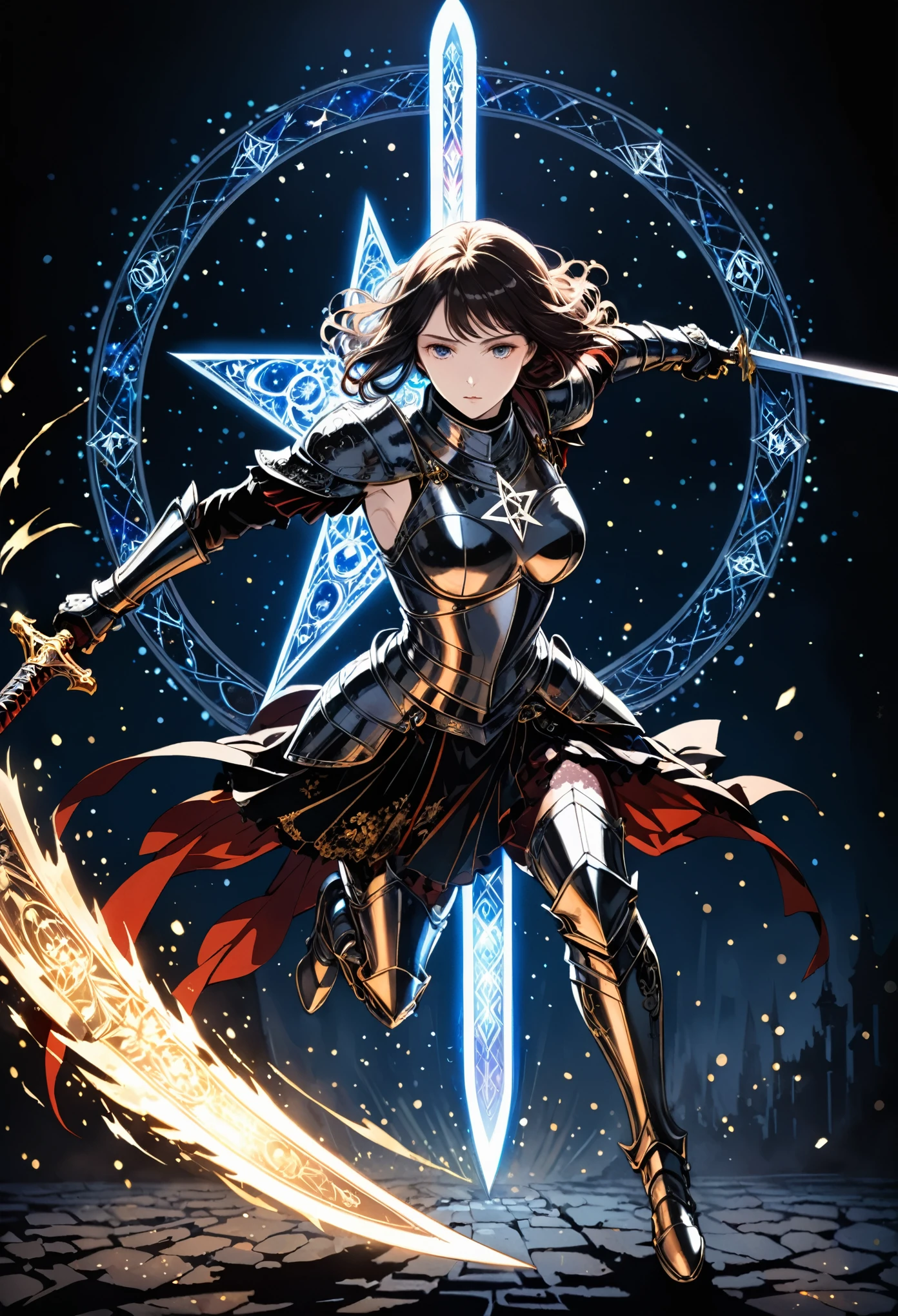in style of Harry Clarke,best quality, masterpiece, high resolution, 1girl,knight,Magic array special effects,Pentagram,Sword light particle burst,(((Running action,Bend and sprint,Holding the greatsword in both hands))),Shines brightly,Tyndall effect,Reality, Dark Studio, Edge lighting, Two-tone lighting,(High Detail Skin:1.2), 8K uhd, Digital SLR Camera, Soft lighting, high quality, Volumetric Lighting, frank, photo, high resolution, 4K, 8K, Bokeh, Motion Blur,blur background,Particle foreground scattering,