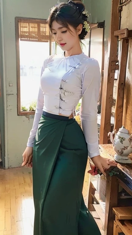 photorealistic, high resolution, masterpiece, best quality ,ultra-detailed, 1women, (medium breast), hair bun , jesmine flower on the head, mature female, solo, hips up, (wearing acmmsayarma outfit, acmmsayarma white top with buttons, long sleeves), ((acmmsayarma green long skirt)).