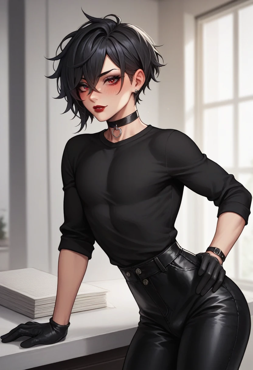 1boy, black eyeliner, male medium length mullet hairstyle, medium sharp hair texture, black hair, handsome, red eyes, black gloves, black clothes, room, red lipstick, femboy, blush, thin waist, black sweater, black pants, choker, beautiful face, black shirt 