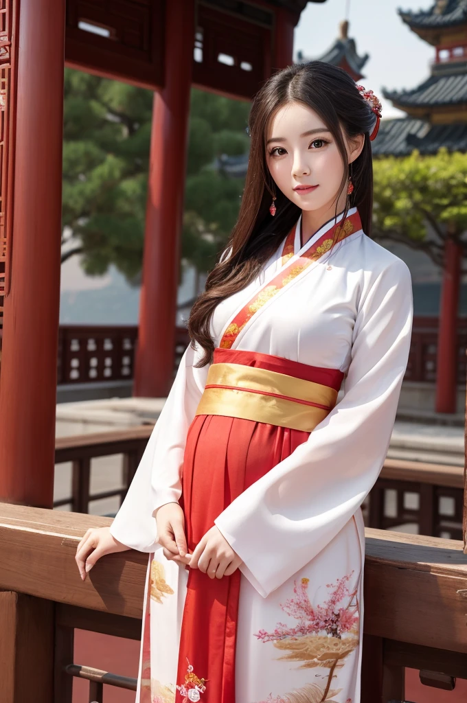 A 35-year-old woman wearing a Chinese court hanbok with her breasts, belly, and pubic hair showing all over her body. Her hair is shaped like an old Chinese palace. The background is a Chinese palace