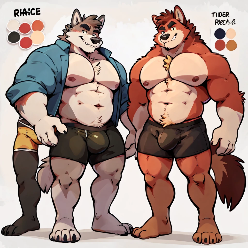Wolf By Haps,1boy, abs, animal ears, bara, bulge, full body, white background, Seminude, Boxers, side, Standing, feet, Character sheet reference, 4 sides