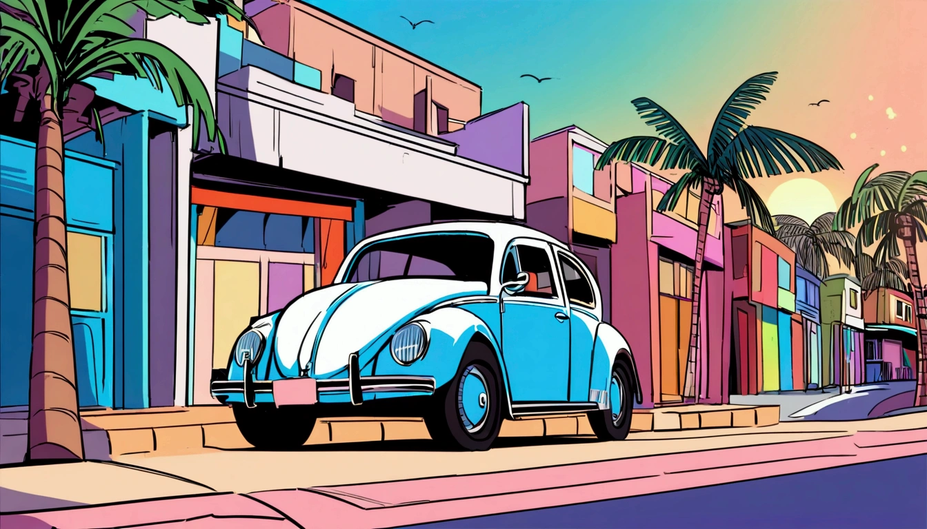 ((TShirt Design)), Volkswagen Type 1 beetle, Sunset background, Palm tree, Layers with 5 colors, Corner Street, Belek's Drums, Plethean,